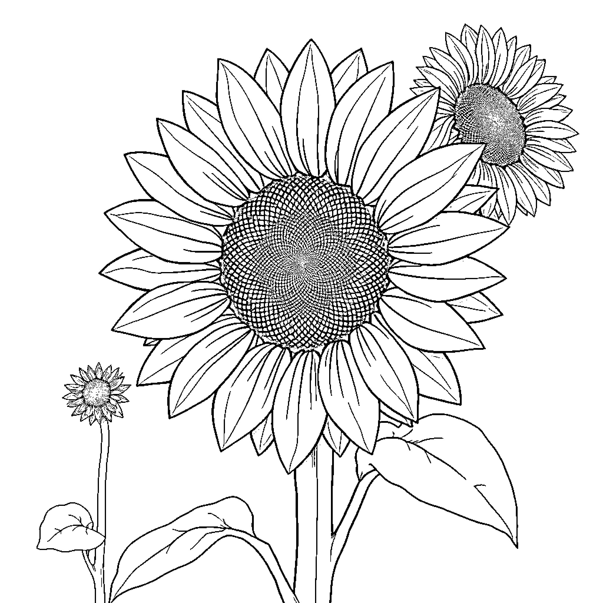 Sunflower garden scene with detailed petals Coloring Page (free black-and-white line drawing printable PDF for all, from beginners to advanced learners, including children, teens, adults, and seniors)