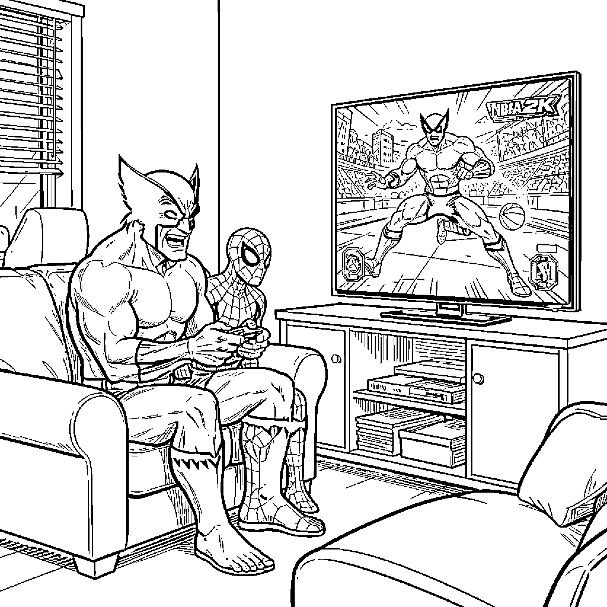 Wolverine playing video games with Spider-Man on a couch Coloring Page (free black-and-white line drawing printable PDF for all, from beginners to advanced learners, including children, teens, adults, and seniors)