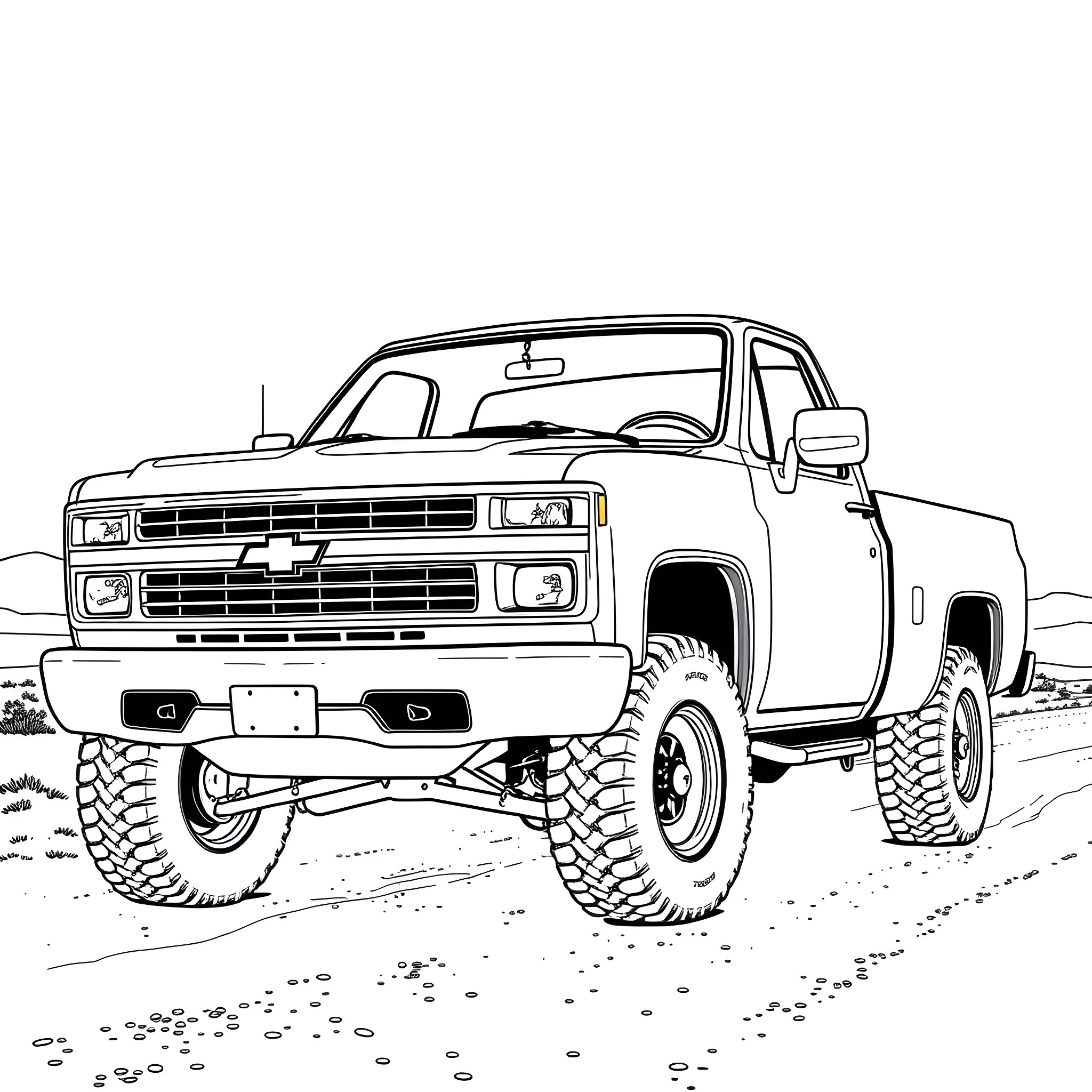 Chevy off-road truck in rugged terrain Coloring Page (free black-and-white line drawing printable PDF for all, from beginners to advanced learners, including children, teens, adults, and seniors)