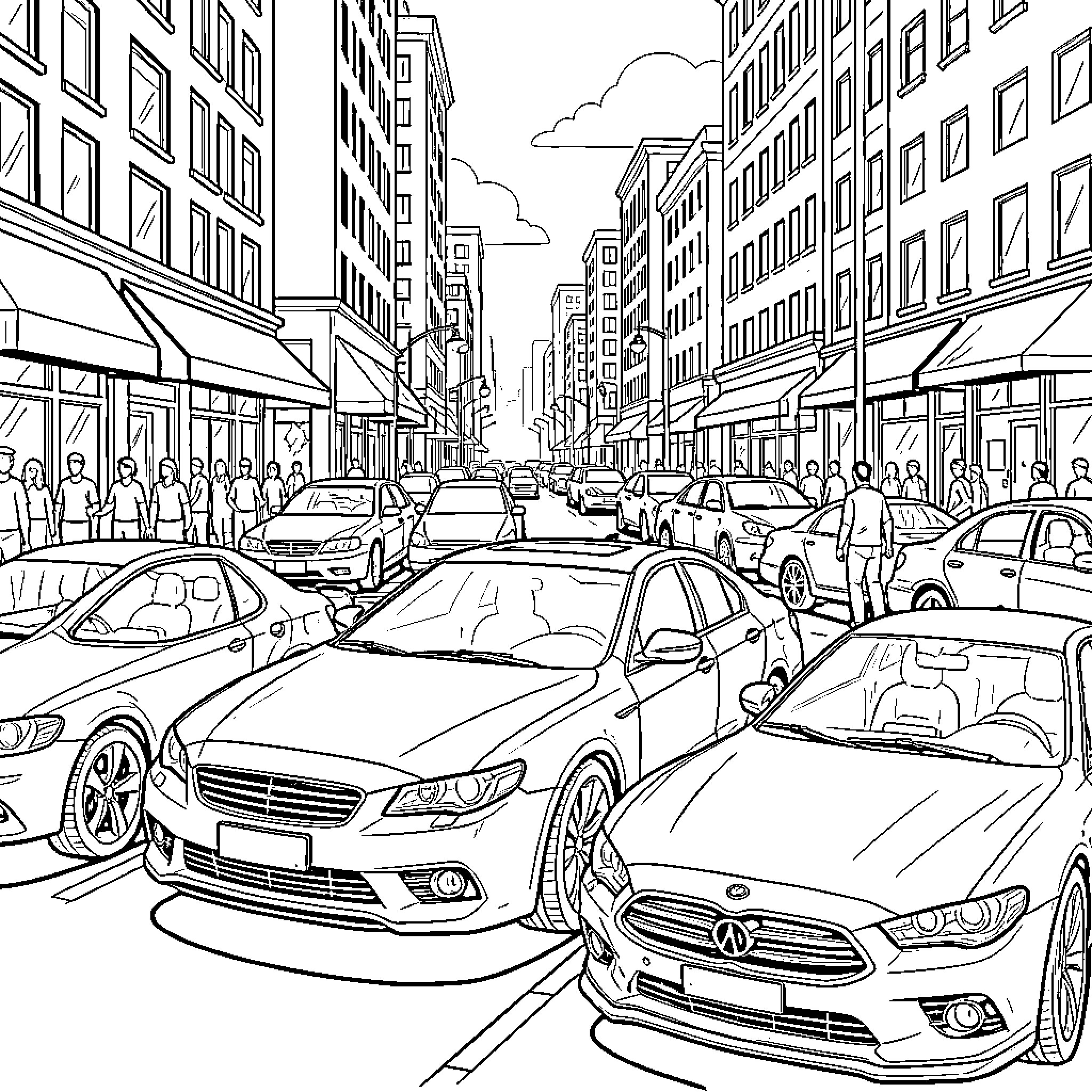 Car traffic in a busy urban city street Coloring Page (free black-and-white line drawing printable PDF for all, from beginners to advanced learners, including children, teens, adults, and seniors)