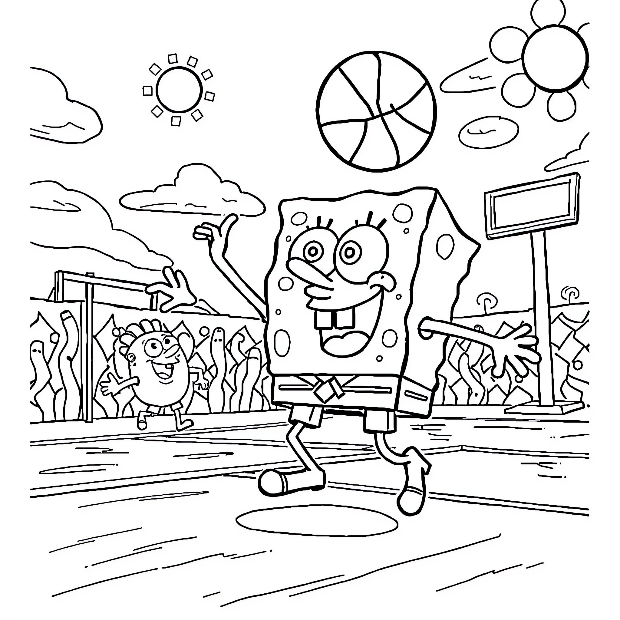 Spongebob enjoying the outdoors with friends Coloring Page (free black-and-white line drawing printable PDF for all, from beginners to advanced learners, including children, teens, adults, and seniors)