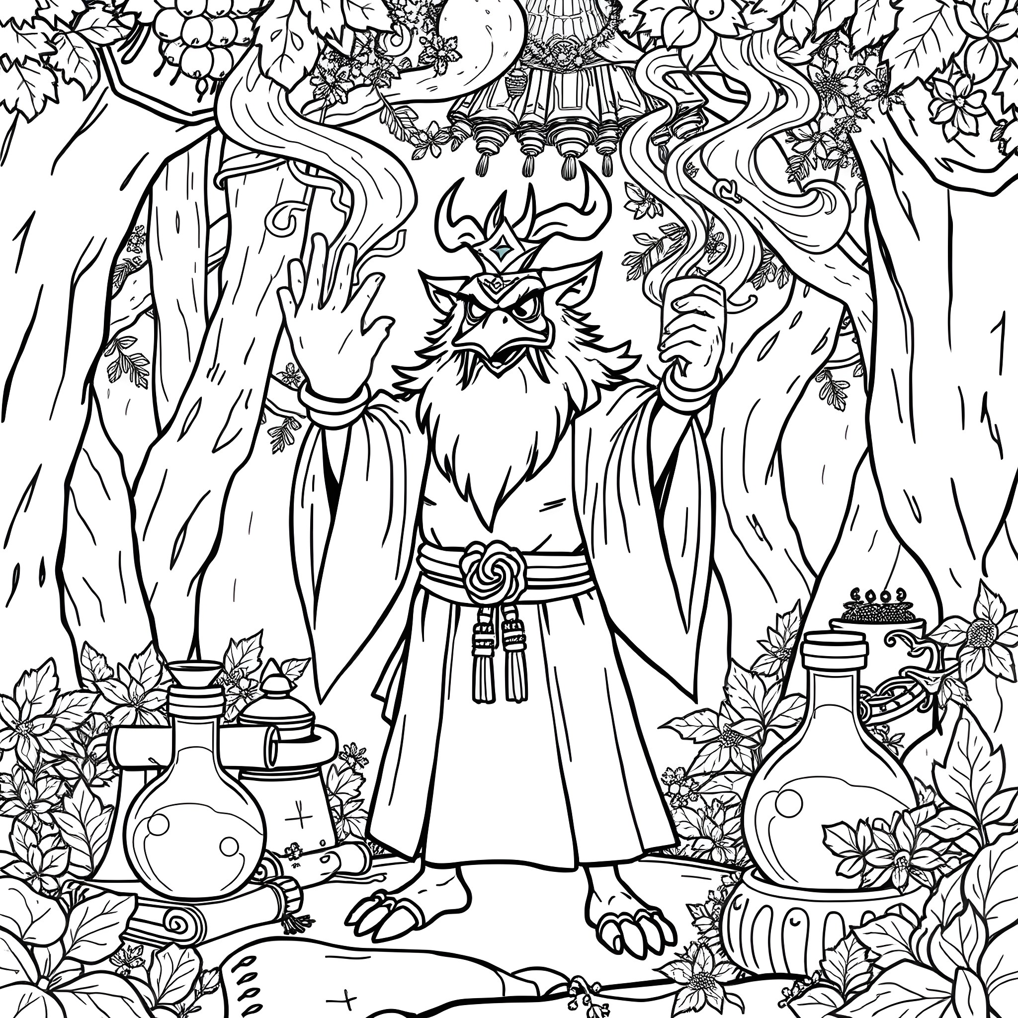Tengu Warrior in Mystical Forest Landscape Coloring Page (free black-and-white line drawing printable PDF for all, from beginners to advanced learners, including children, teens, adults, and seniors)