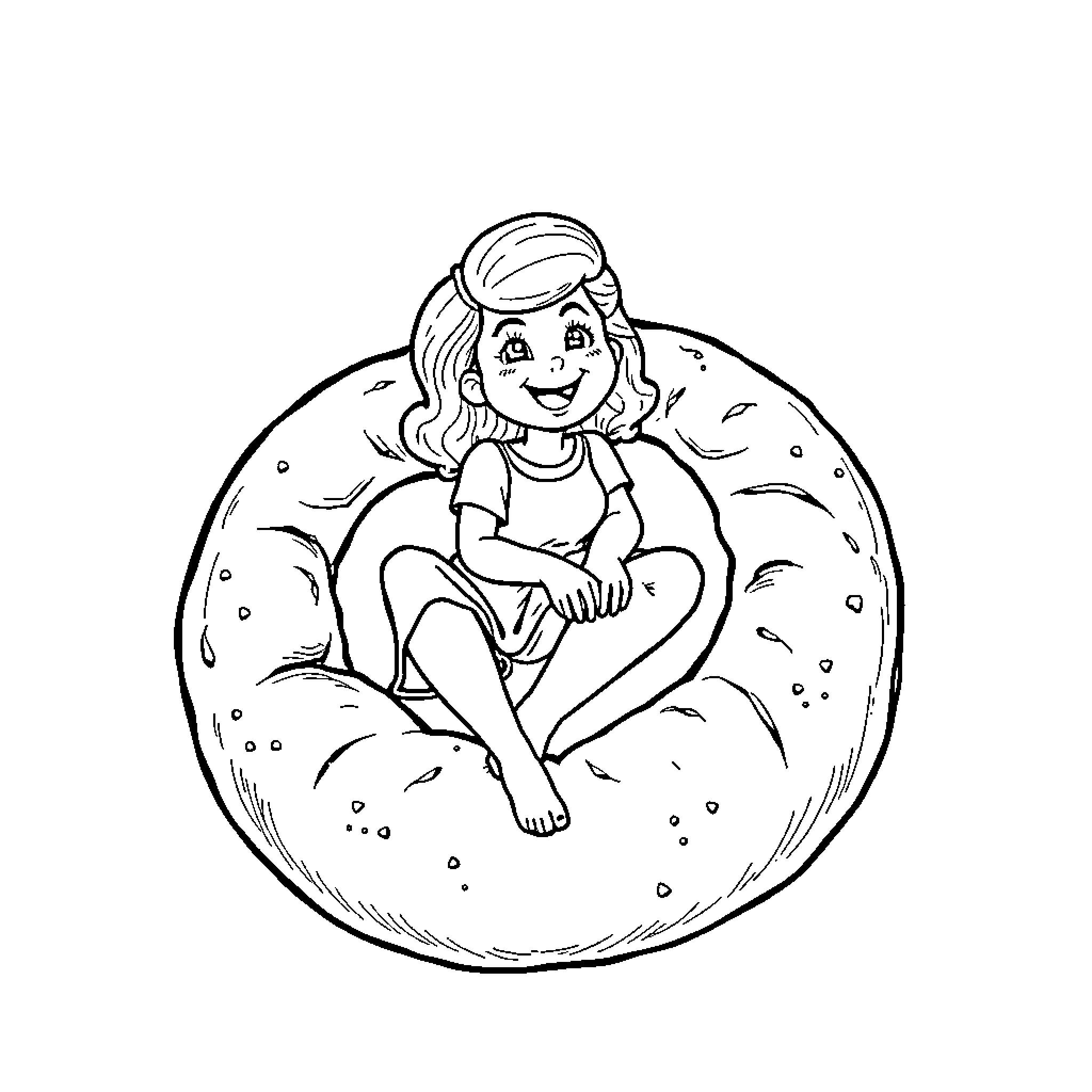 Rachel Bloom playfully sitting in a bubbly circle Coloring Page (free black-and-white line drawing printable PDF for all, from beginners to advanced learners, including children, teens, adults, and seniors)
