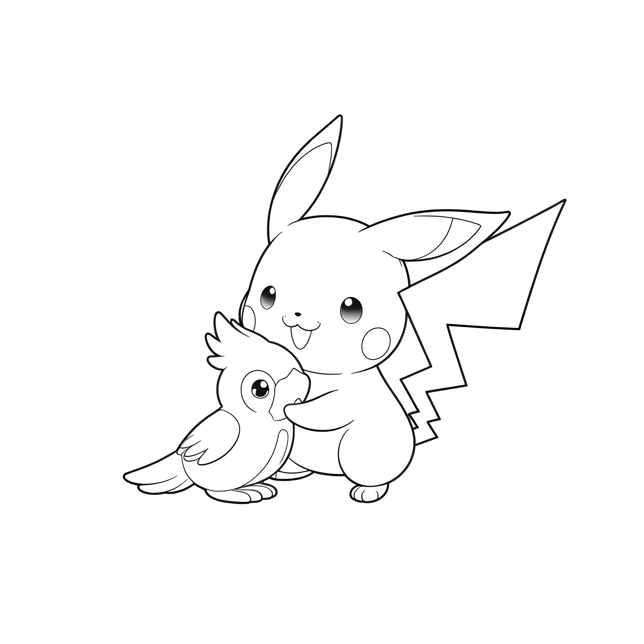 Pichu playing with a baby Pokemon Coloring Page (free black-and-white line drawing printable PDF for all, from beginners to advanced learners, including children, teens, adults, and seniors)