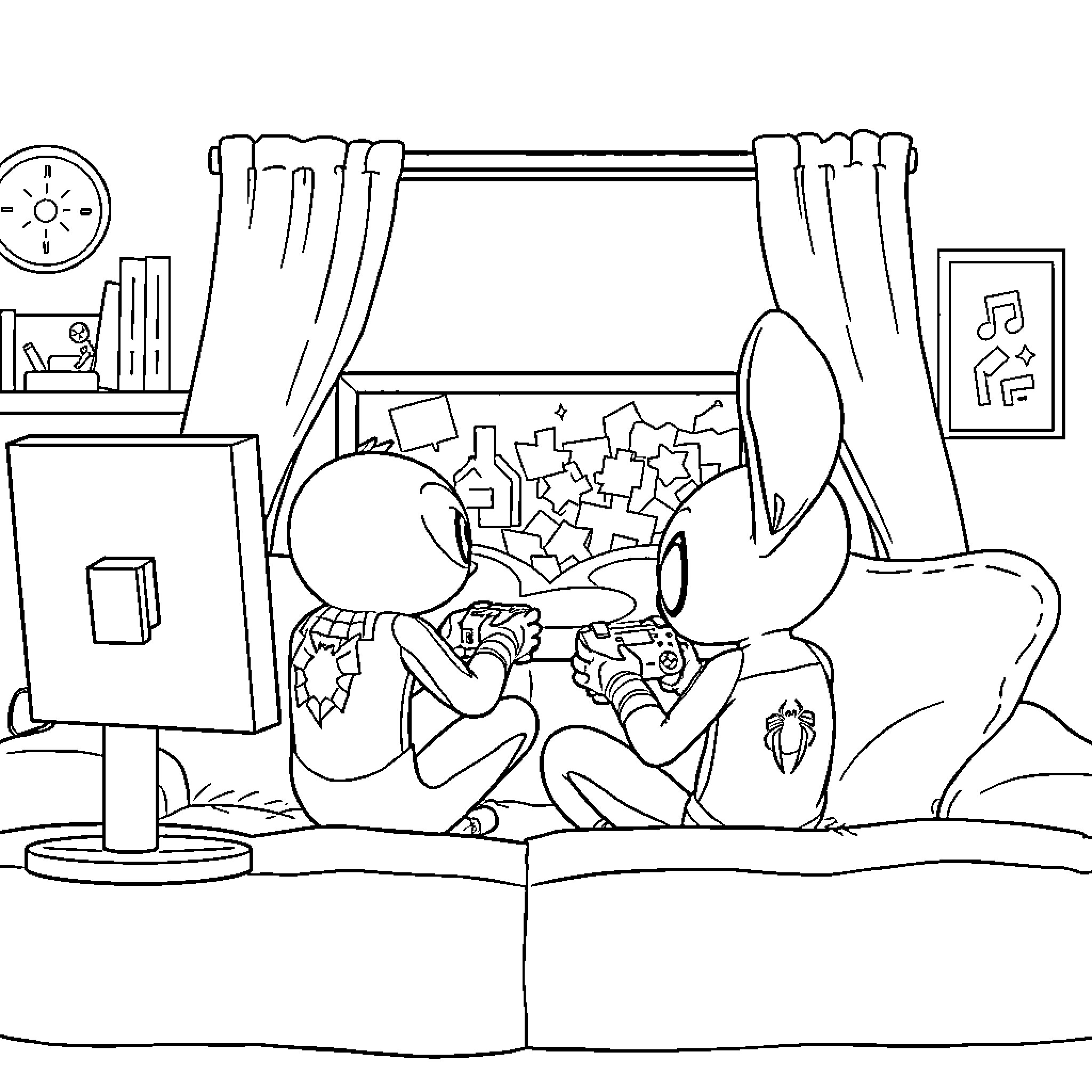 Spiderman relaxing and enjoying the comforts of home Coloring Page (free black-and-white line drawing printable PDF for all, from beginners to advanced learners, including children, teens, adults, and seniors)