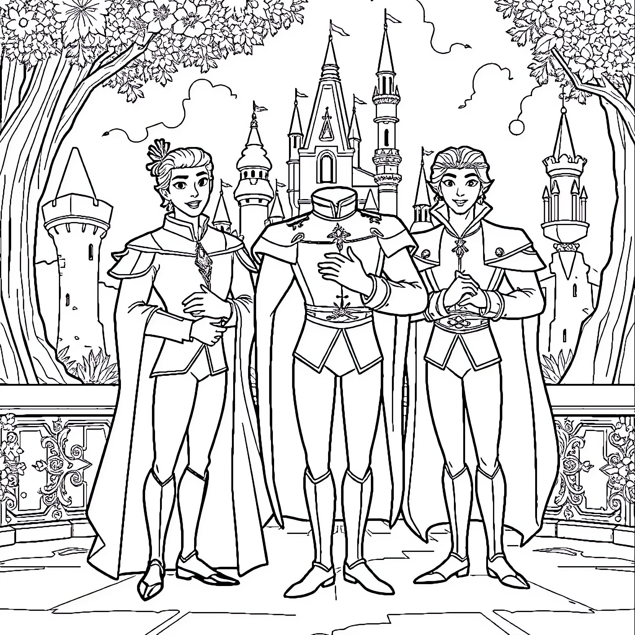 Disney Prince Charming and His Companions in Royal Attire Coloring Page (free black-and-white line drawing printable PDF for all, from beginners to advanced learners, including children, teens, adults, and seniors)