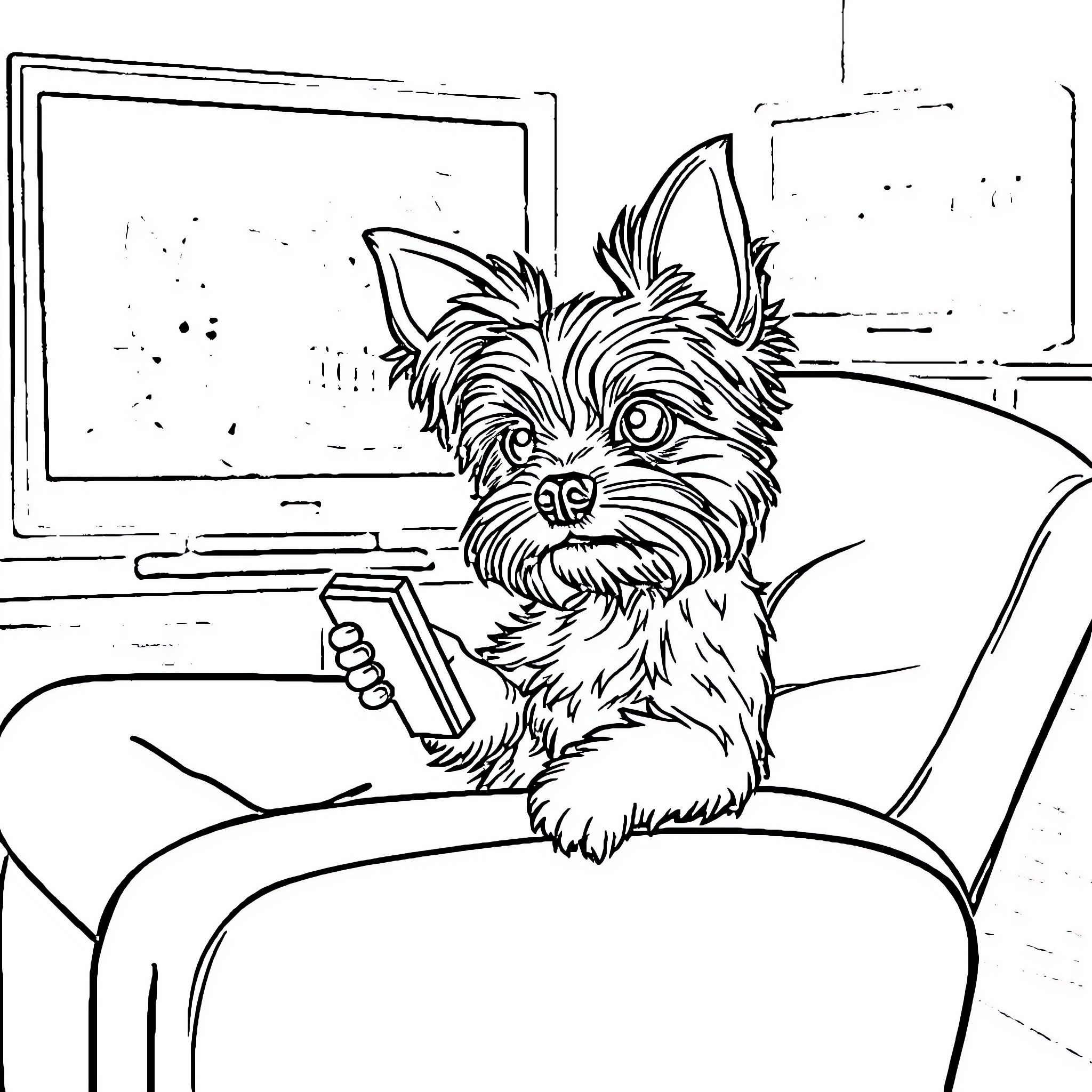 Yorkie enjoying TV on the couch Coloring Page (free black-and-white line drawing printable PDF for all, from beginners to advanced learners, including children, teens, adults, and seniors)