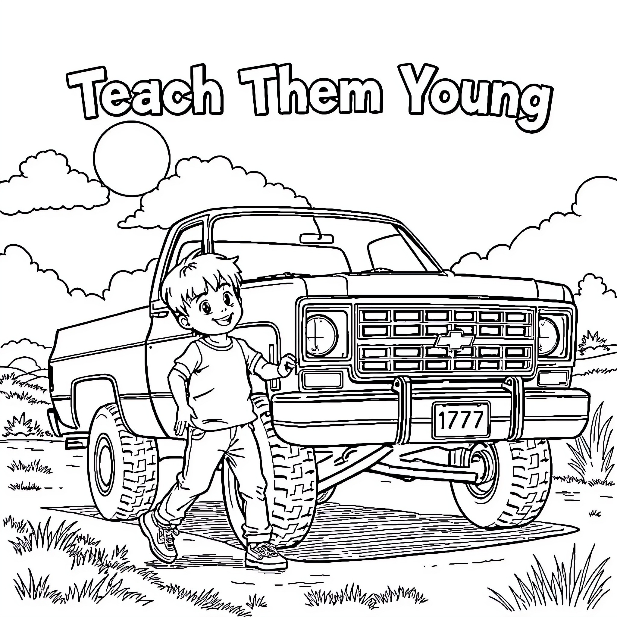 Kid playing with big truck in outdoor scene Coloring Page (free black-and-white line drawing printable PDF for all, from beginners to advanced learners, including children, teens, adults, and seniors)