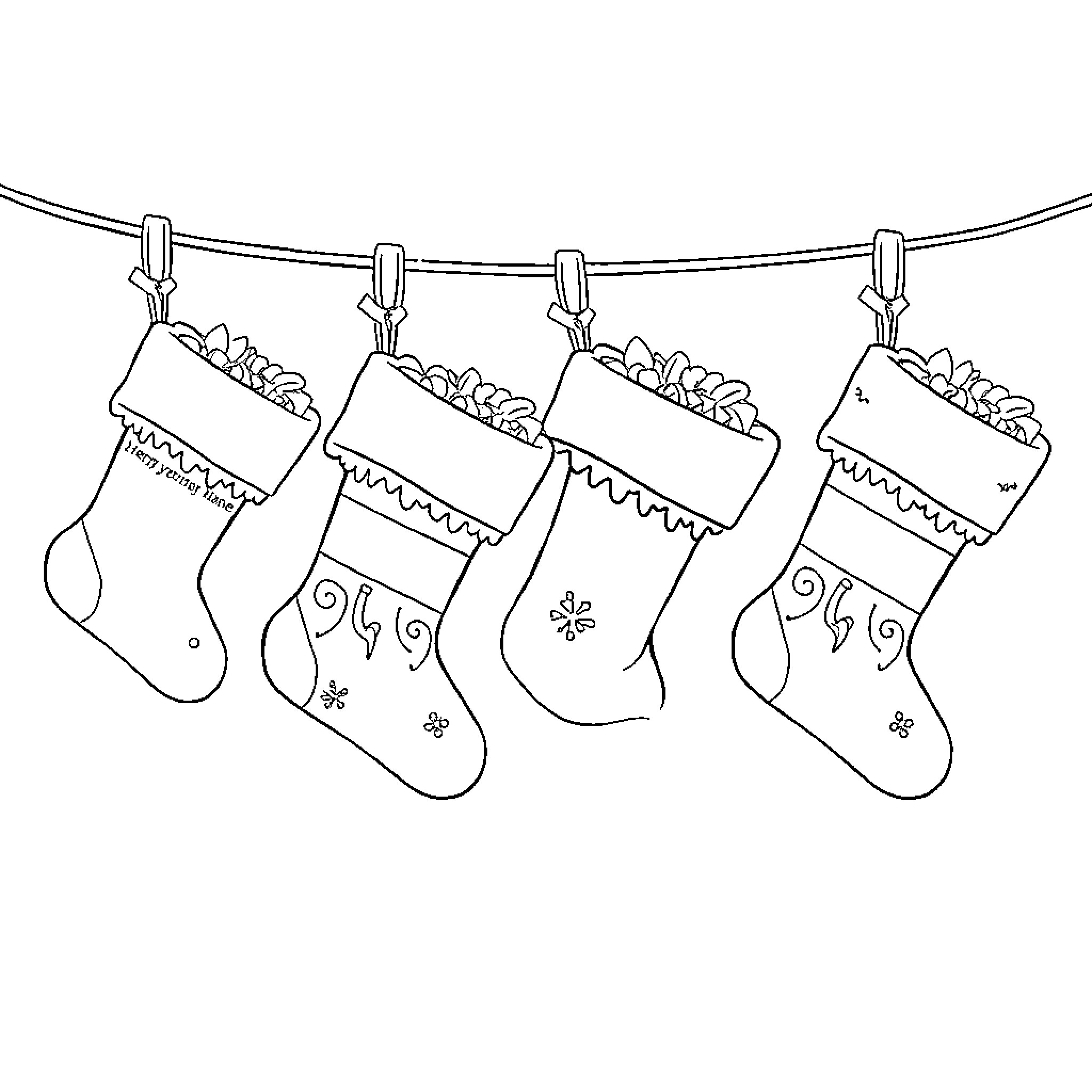 Stocking Decorations Hanging on a Clothesline Coloring Page (free black-and-white line drawing printable PDF for all, from beginners to advanced learners, including children, teens, adults, and seniors)