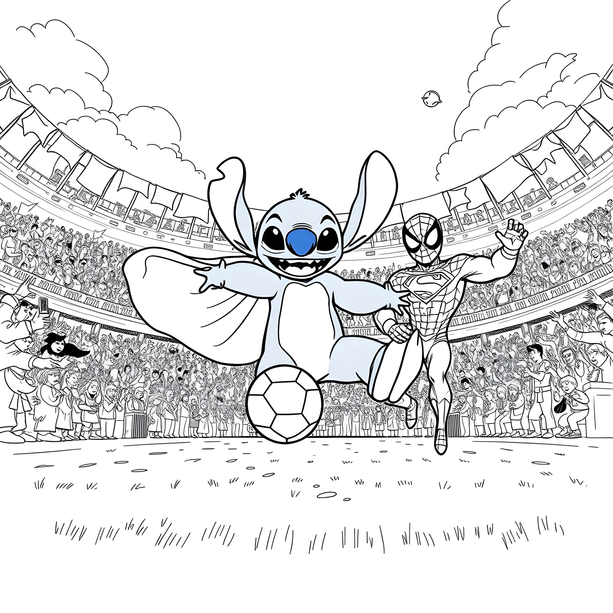 Stitch playing soccer with Spider-Man in the stadium Coloring Page (free black-and-white line drawing printable PDF for all, from beginners to advanced learners, including children, teens, adults, and seniors)