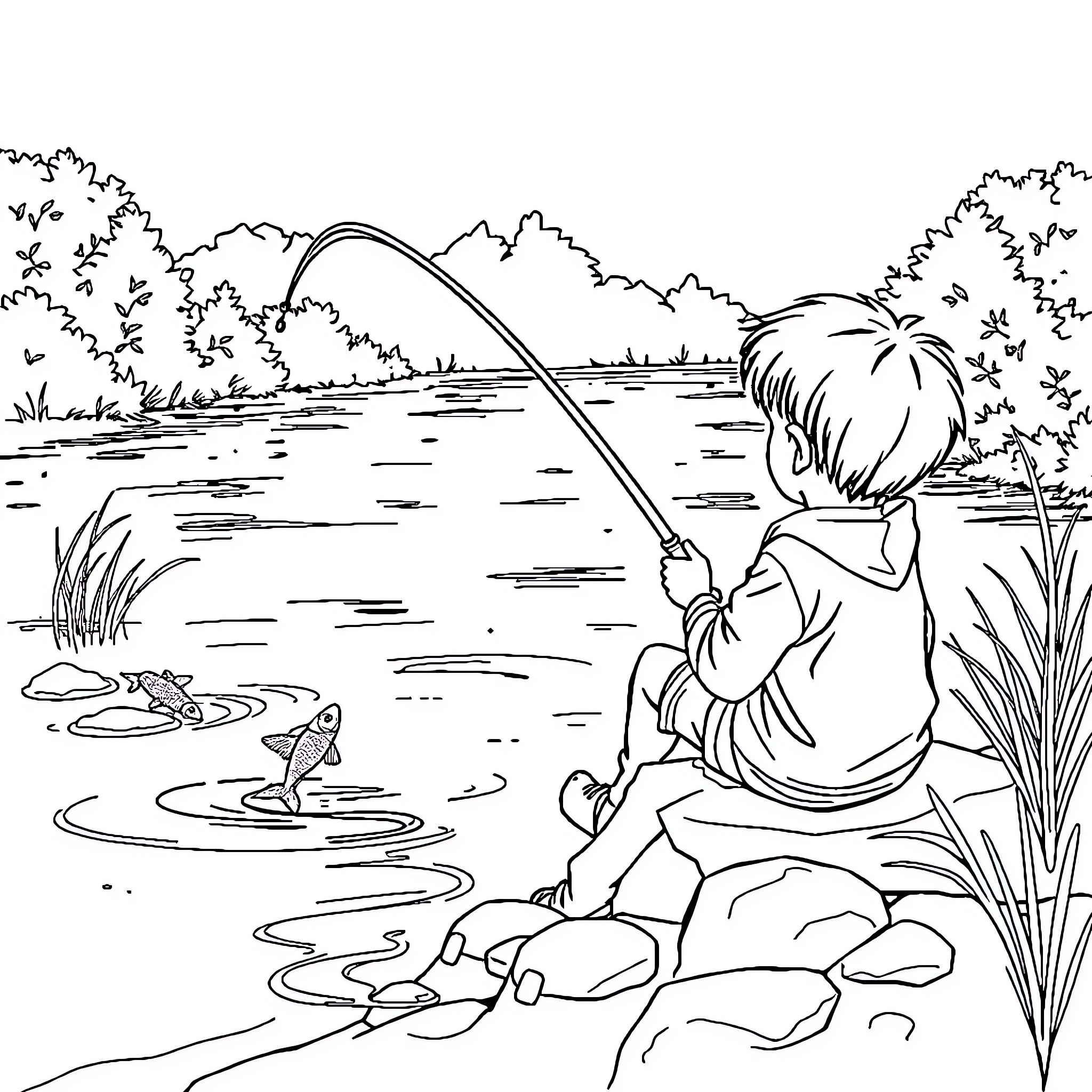 Boy fishing peacefully by the lake Coloring Page (free black-and-white line drawing printable PDF for all, from beginners to advanced learners, including children, teens, adults, and seniors)