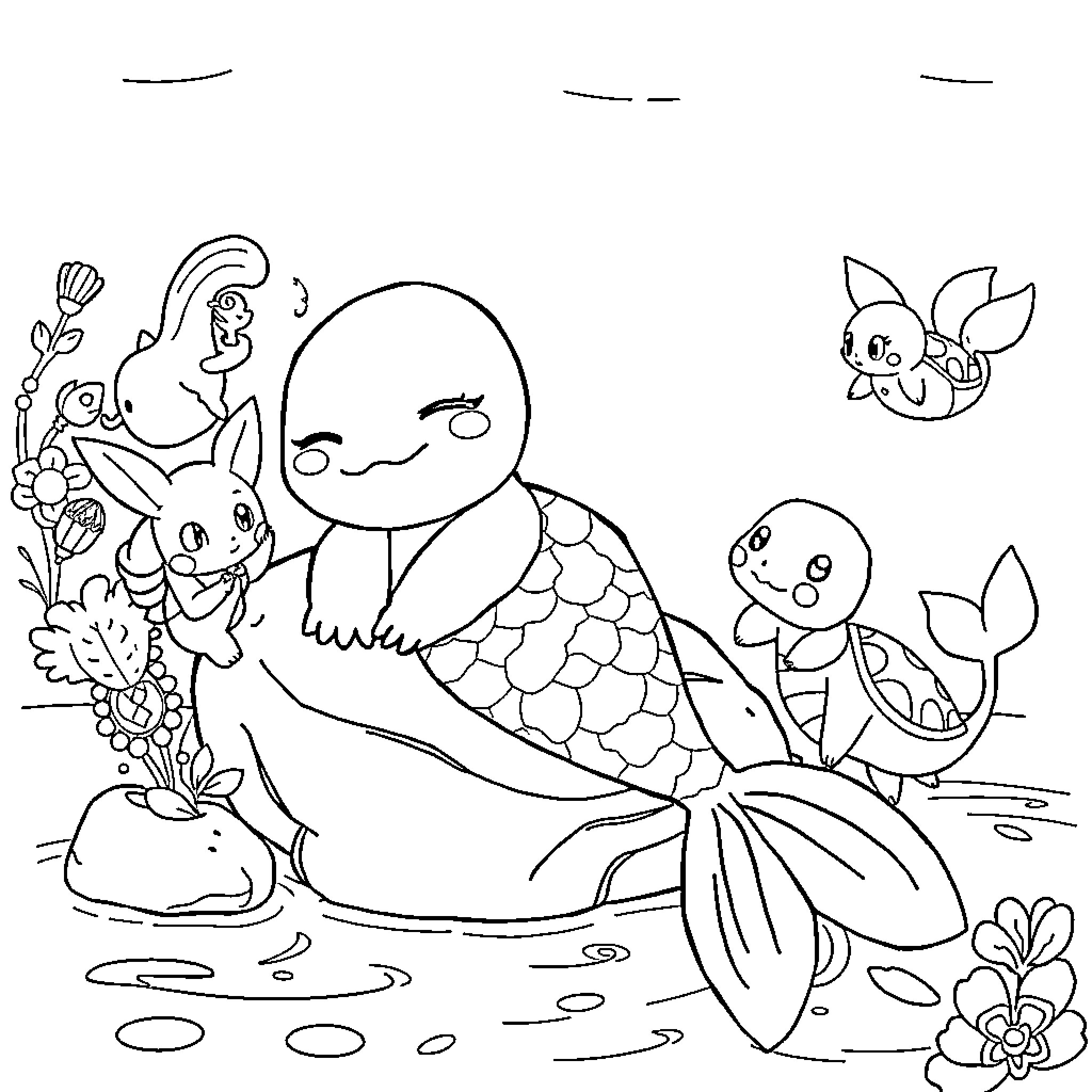 Mermaid and her mermaid friends in the underwater scene Coloring Page (free black-and-white line drawing printable PDF for all, from beginners to advanced learners, including children, teens, adults, and seniors)
