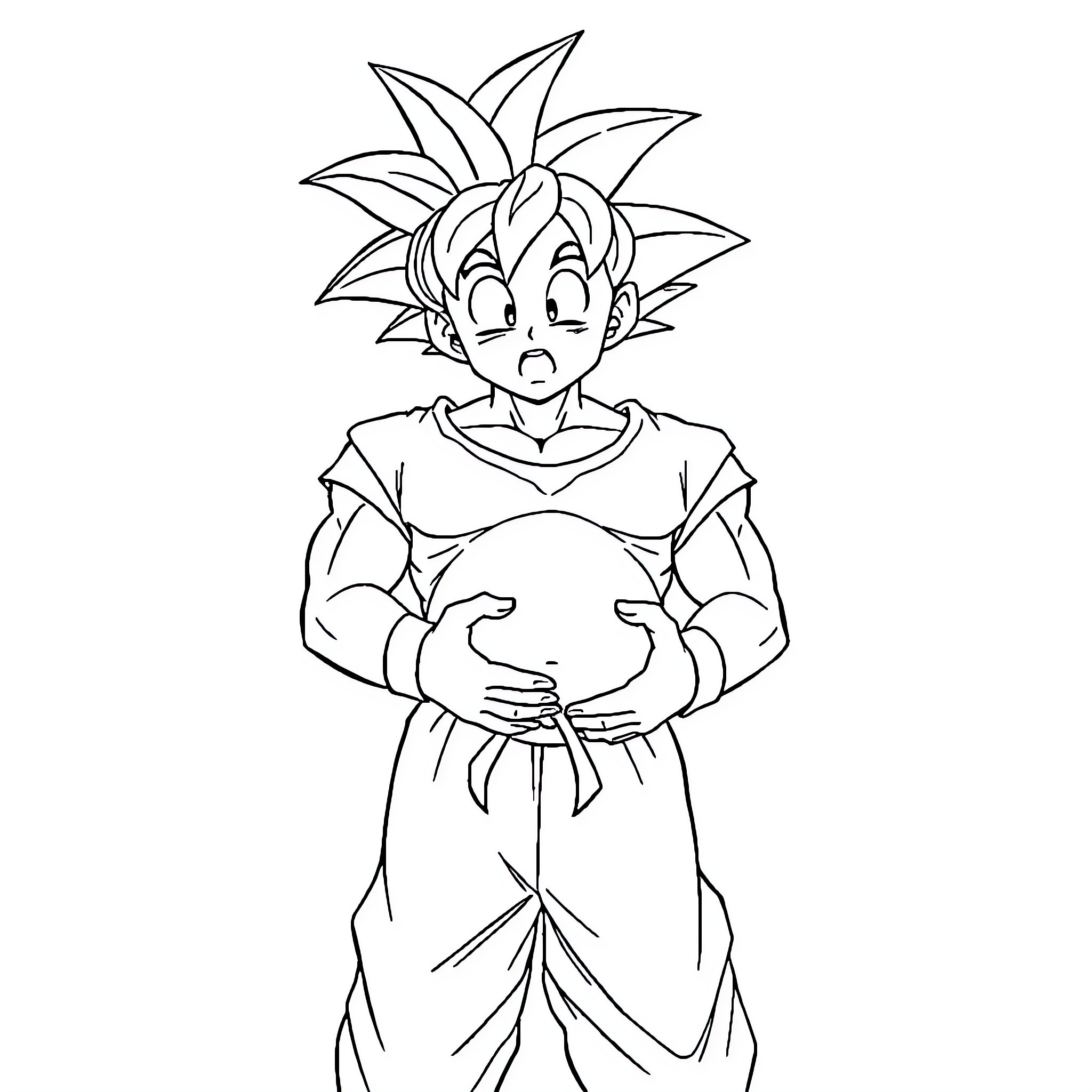 Goku showing a surprised expression Coloring Page (free black-and-white line drawing printable PDF for all, from beginners to advanced learners, including children, teens, adults, and seniors)