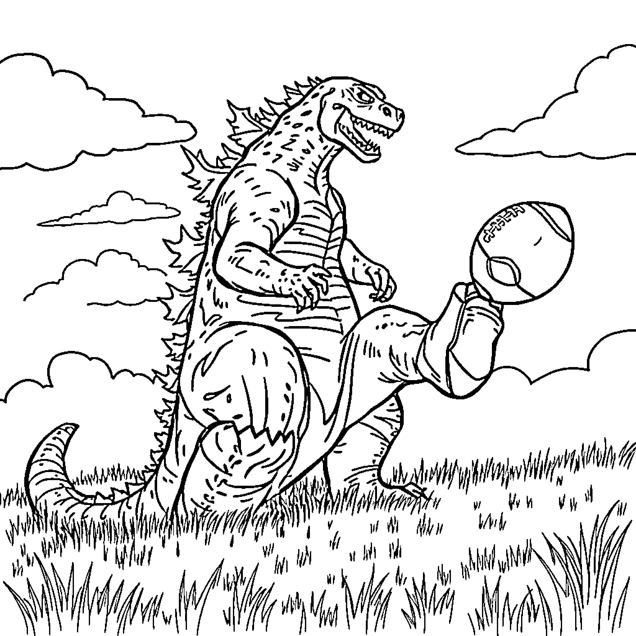 Godzilla rampaging through a grassy field Coloring Page (free black-and-white line drawing printable PDF for all, from beginners to advanced learners, including children, teens, adults, and seniors)