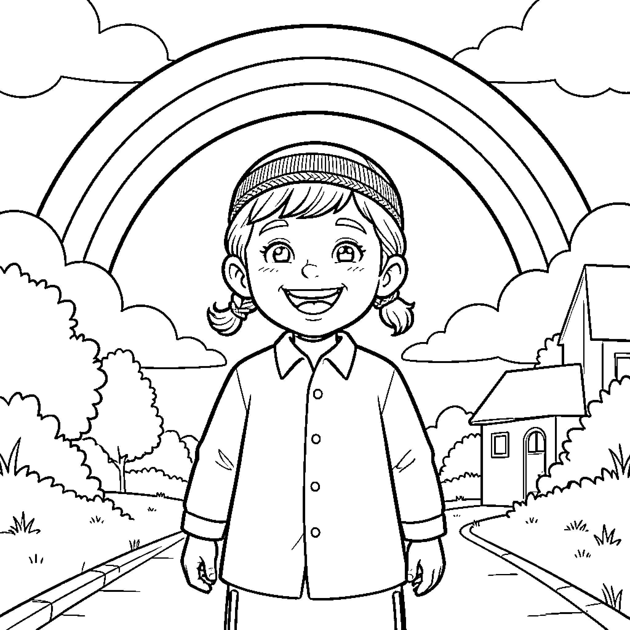 Chasidish Boy smiling happily under a large rainbow Coloring Page (free black-and-white line drawing printable PDF for all, from beginners to advanced learners, including children, teens, adults, and seniors)