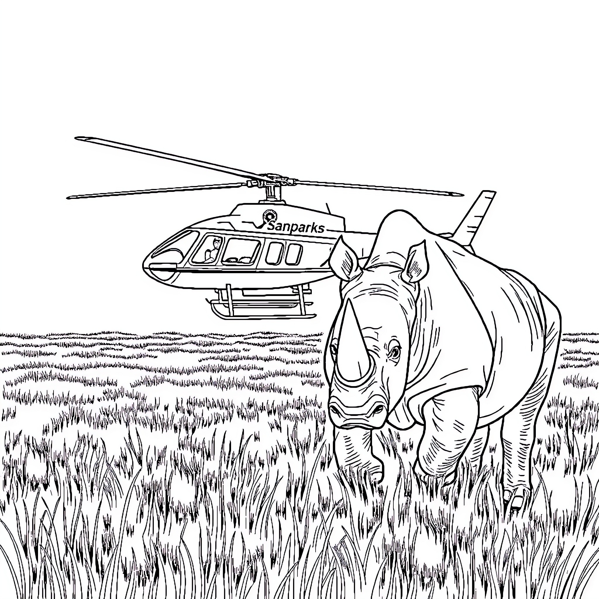 Rhino facing helicopter in grassy field Coloring Page (free black-and-white line drawing printable PDF for all, from beginners to advanced learners, including children, teens, adults, and seniors)