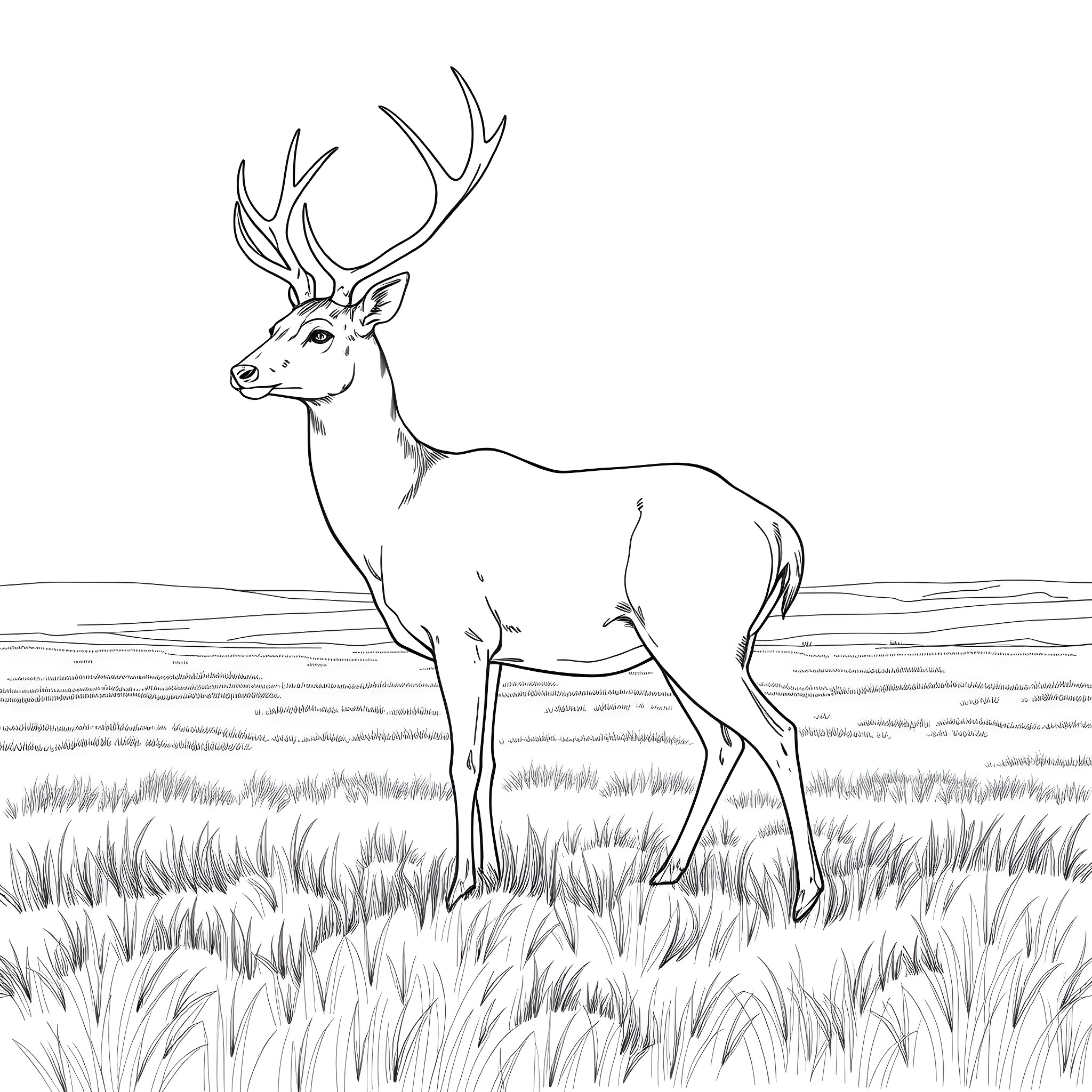Deer standing elegantly in the meadow Coloring Page (free black-and-white line drawing printable PDF for all, from beginners to advanced learners, including children, teens, adults, and seniors)