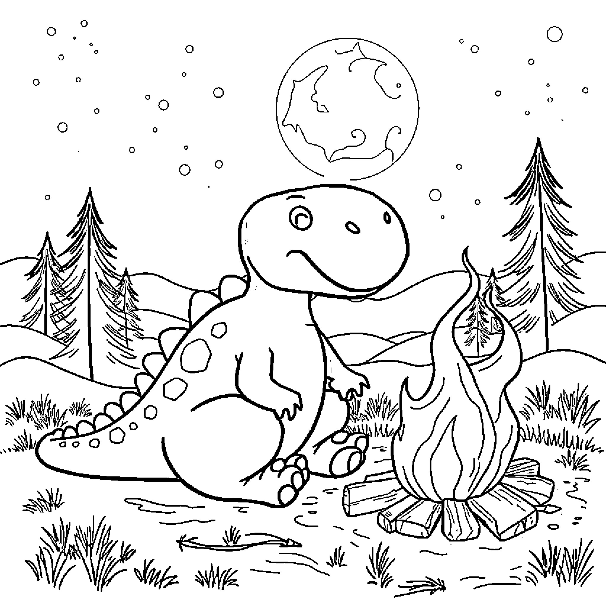 Dinosaur roasting marshmallows by the campfire Coloring Page (free black-and-white line drawing printable PDF for all, from beginners to advanced learners, including children, teens, adults, and seniors)