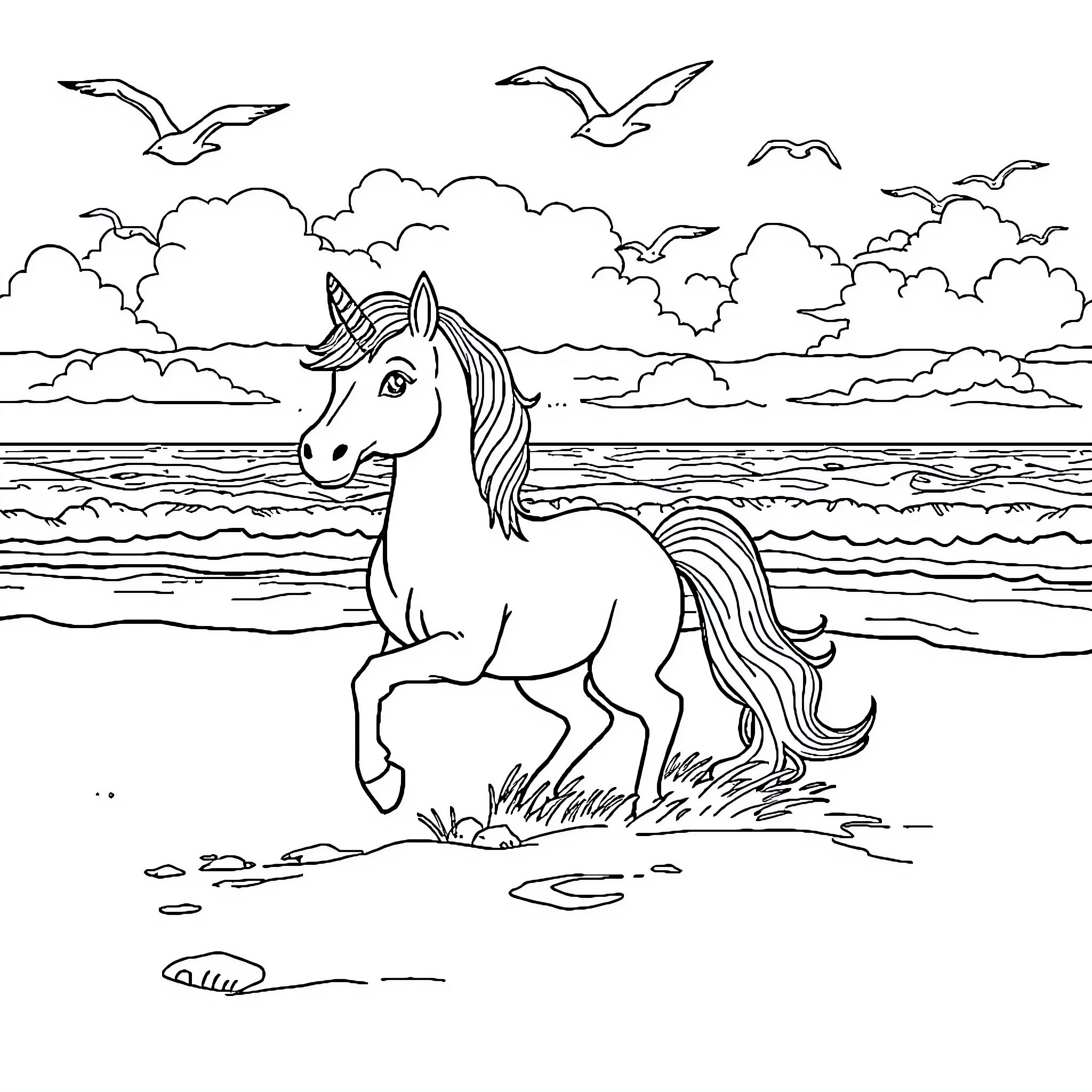 Unicorn running freely by the sea Coloring Page (free black-and-white line drawing printable PDF for all, from beginners to advanced learners, including children, teens, adults, and seniors)
