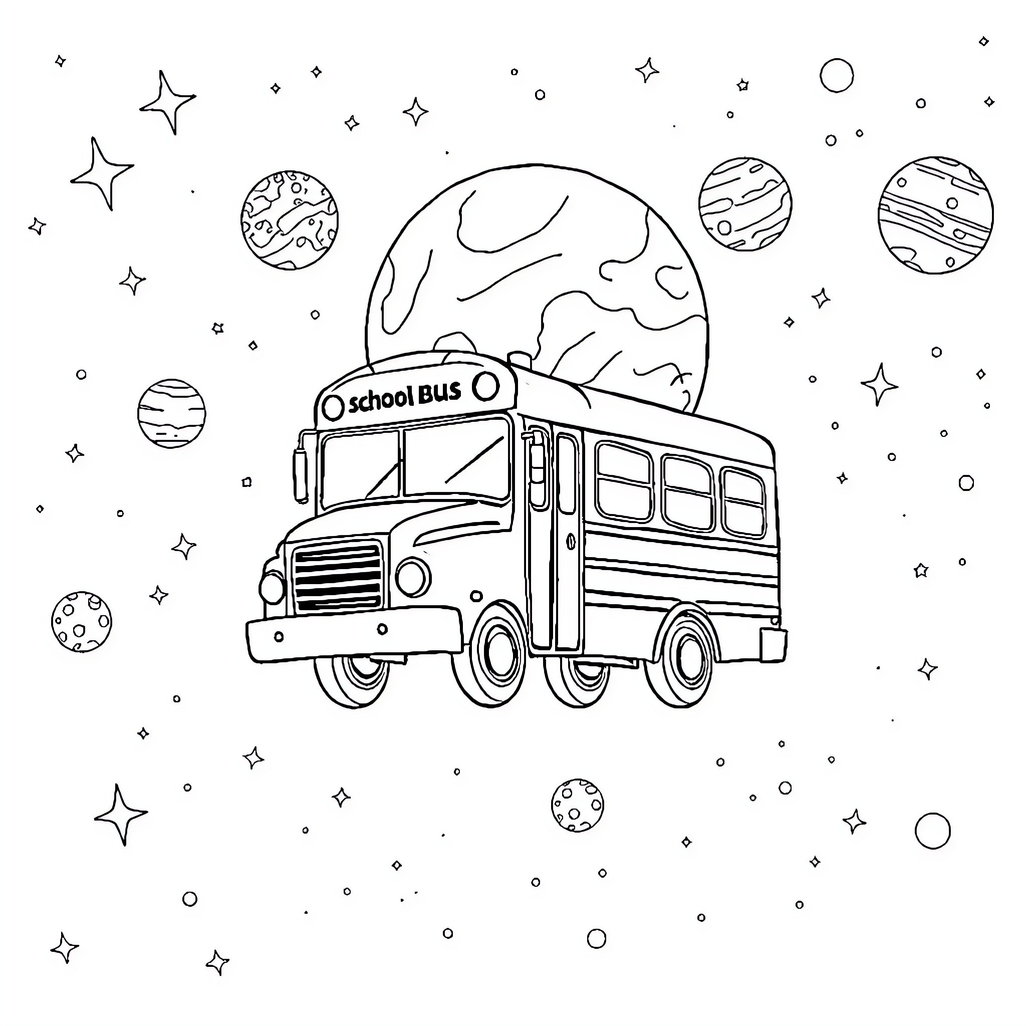 School Bus Voyage Through the Cosmic Expanse Coloring Page (free black-and-white line drawing printable PDF for all, from beginners to advanced learners, including children, teens, adults, and seniors)