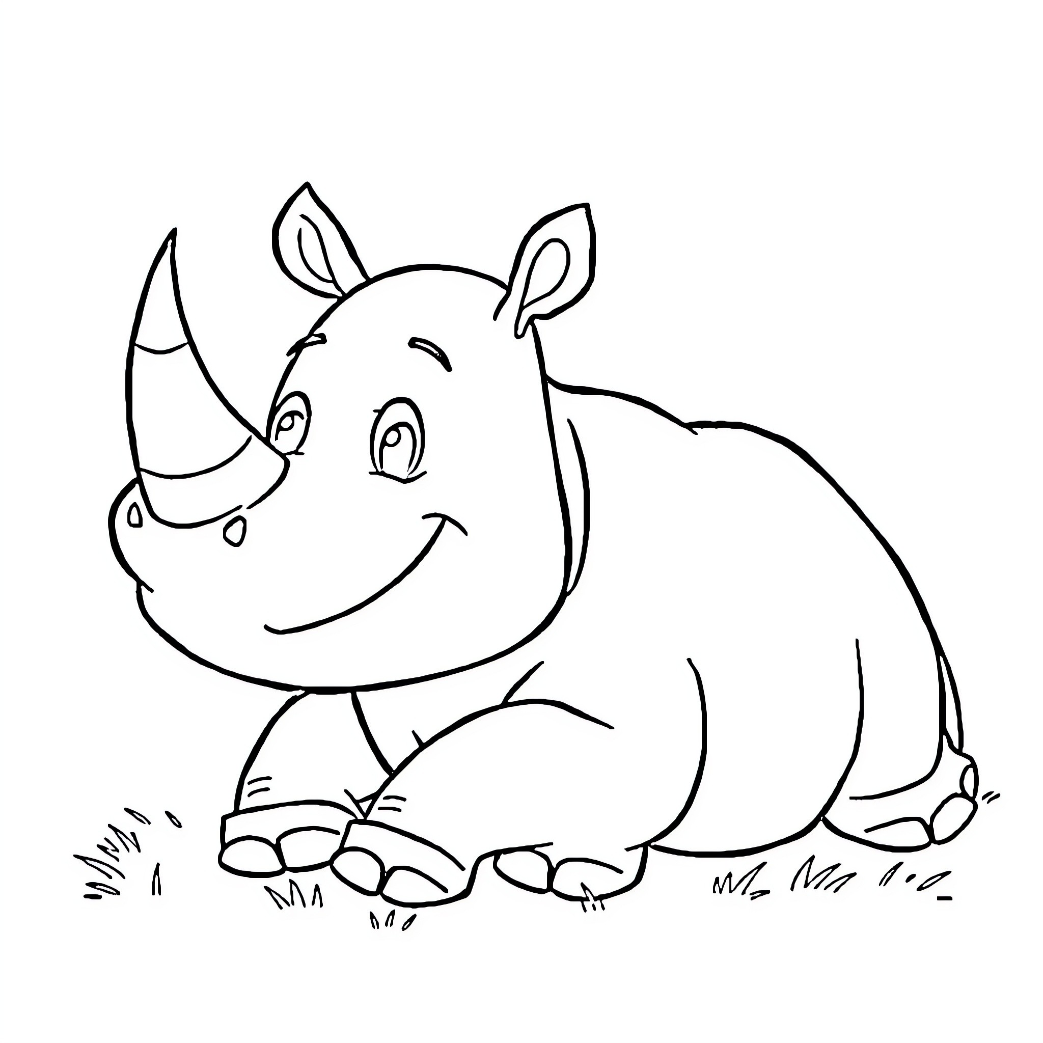 Rhino smiling and relaxing on the ground Coloring Page (free black-and-white line drawing printable PDF for all, from beginners to advanced learners, including children, teens, adults, and seniors)