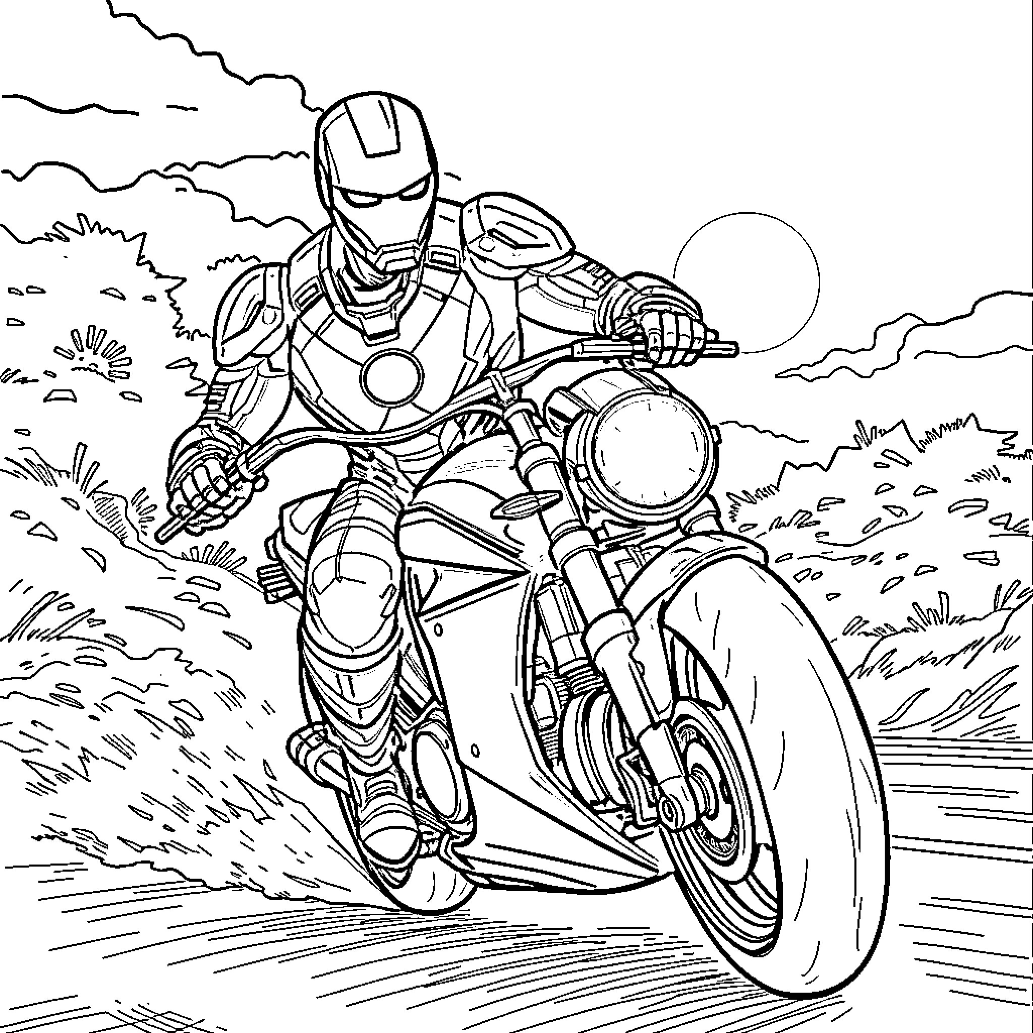 Ironman riding motorcycle in action-packed scene Coloring Page (free black-and-white line drawing printable PDF for all, from beginners to advanced learners, including children, teens, adults, and seniors)