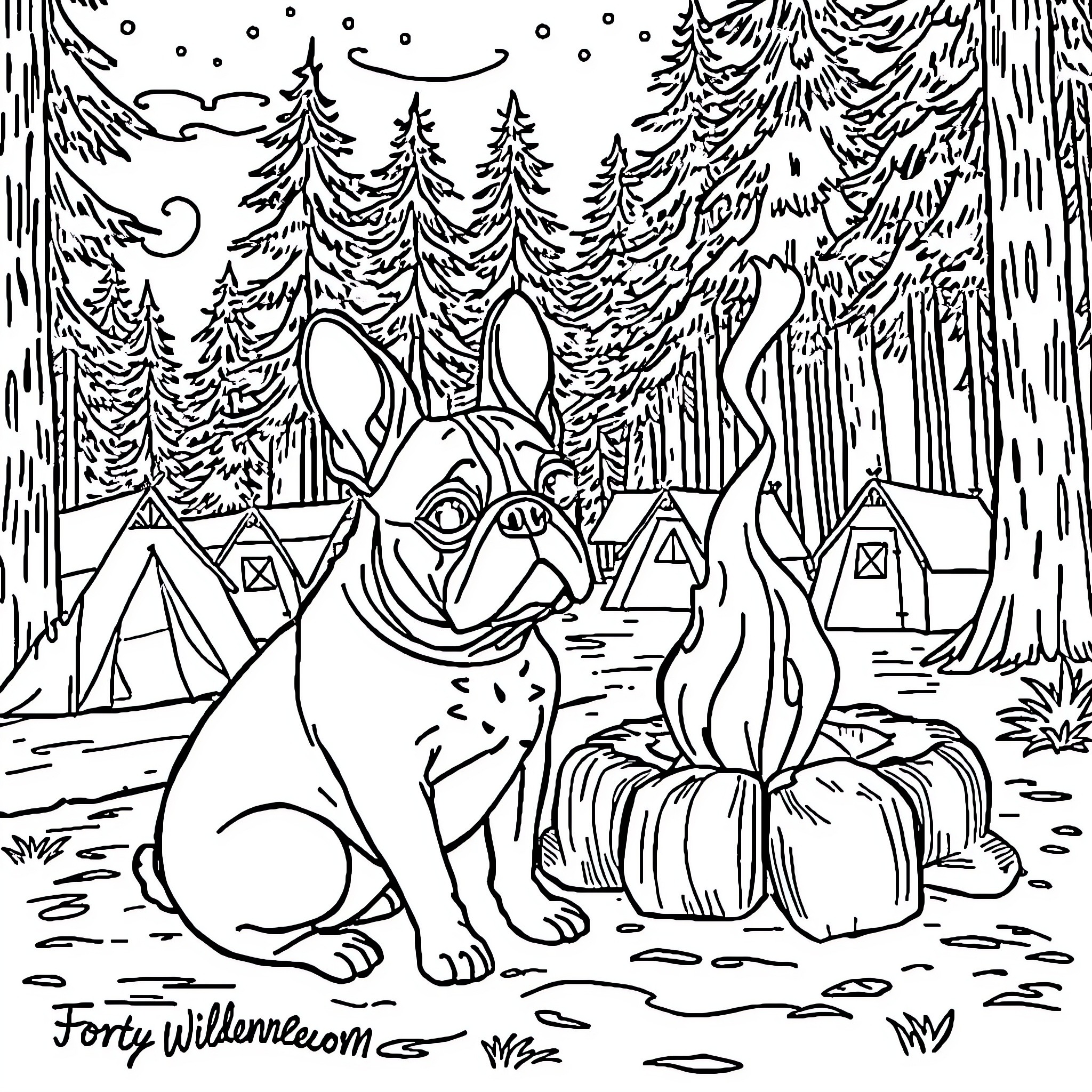 French Bulldog camping in the forest Coloring Page (free black-and-white line drawing printable PDF for all, from beginners to advanced learners, including children, teens, adults, and seniors)