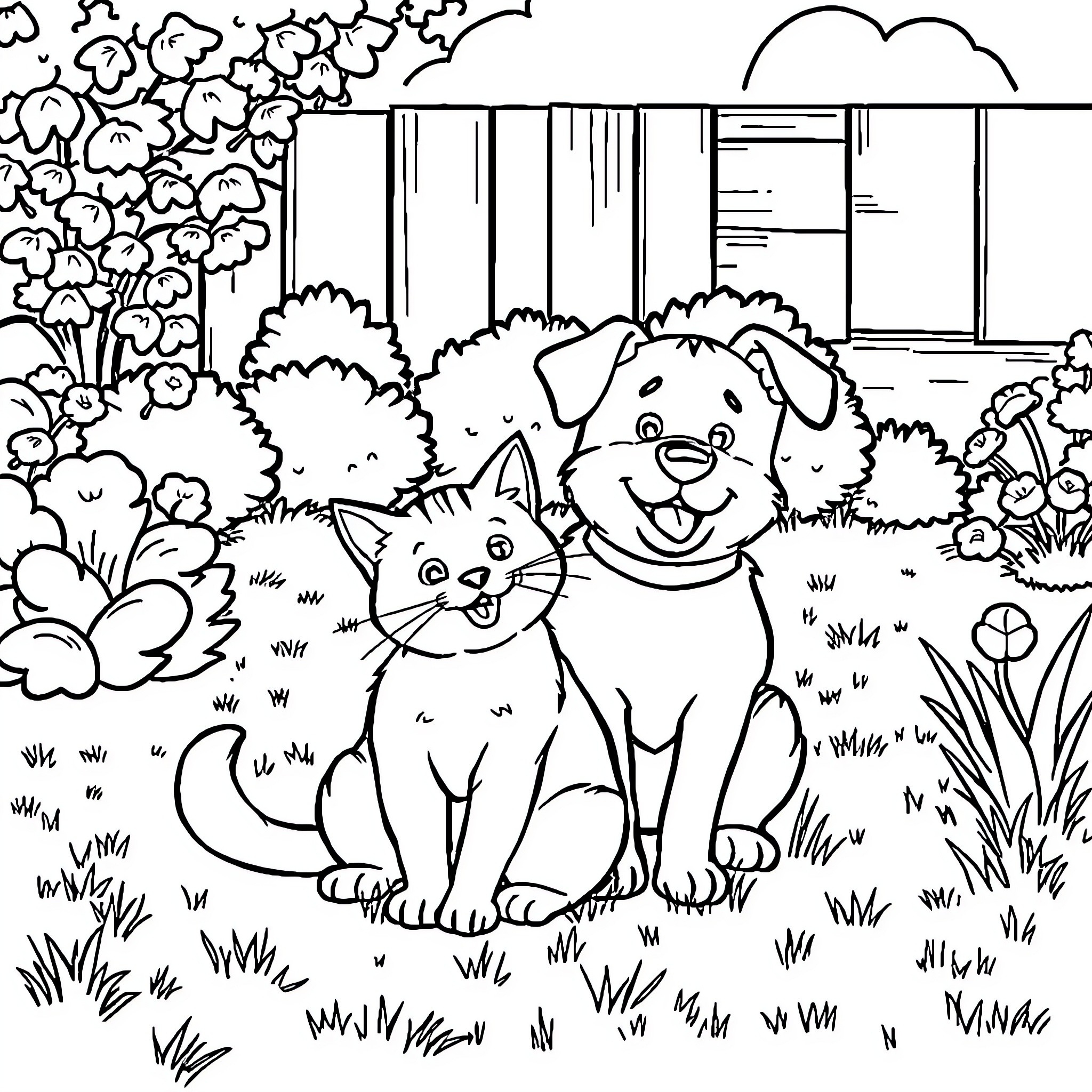 Cat and Dog Playing in the Yard Coloring Page (free black-and-white line drawing printable PDF for all, from beginners to advanced learners, including children, teens, adults, and seniors)