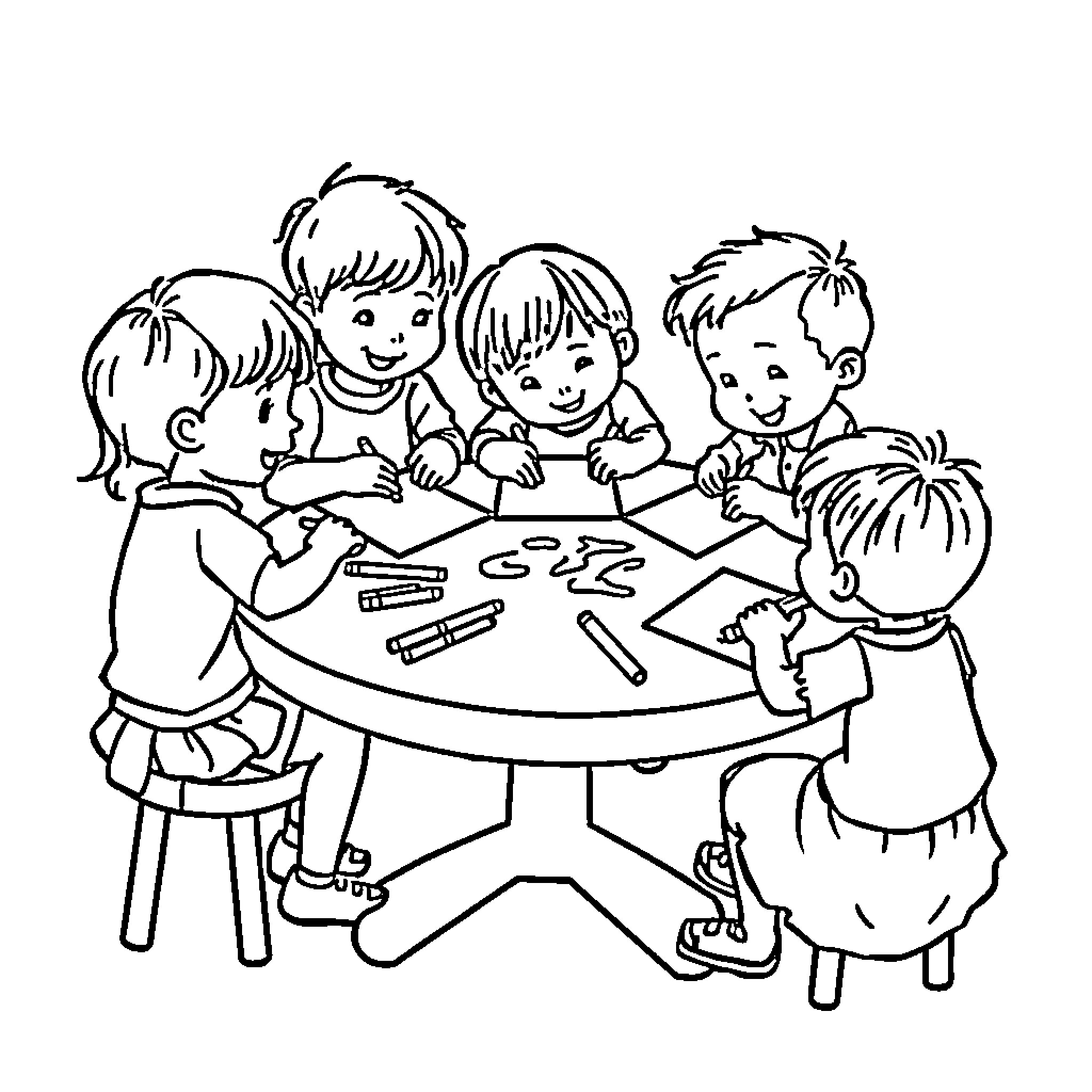 Kid Drawing: Group of children collaborating at art table Coloring Page (free black-and-white line drawing printable PDF for all, from beginners to advanced learners, including children, teens, adults, and seniors)
