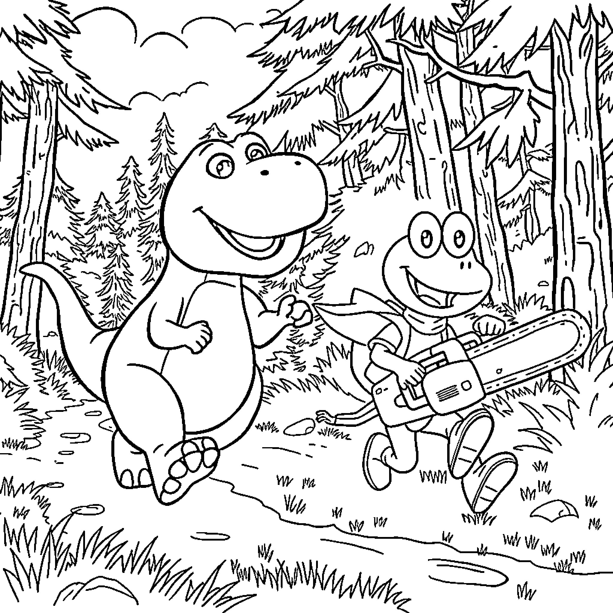 Barney and Friends Explore the Forest Coloring Page (free black-and-white line drawing printable PDF for all, from beginners to advanced learners, including children, teens, adults, and seniors)