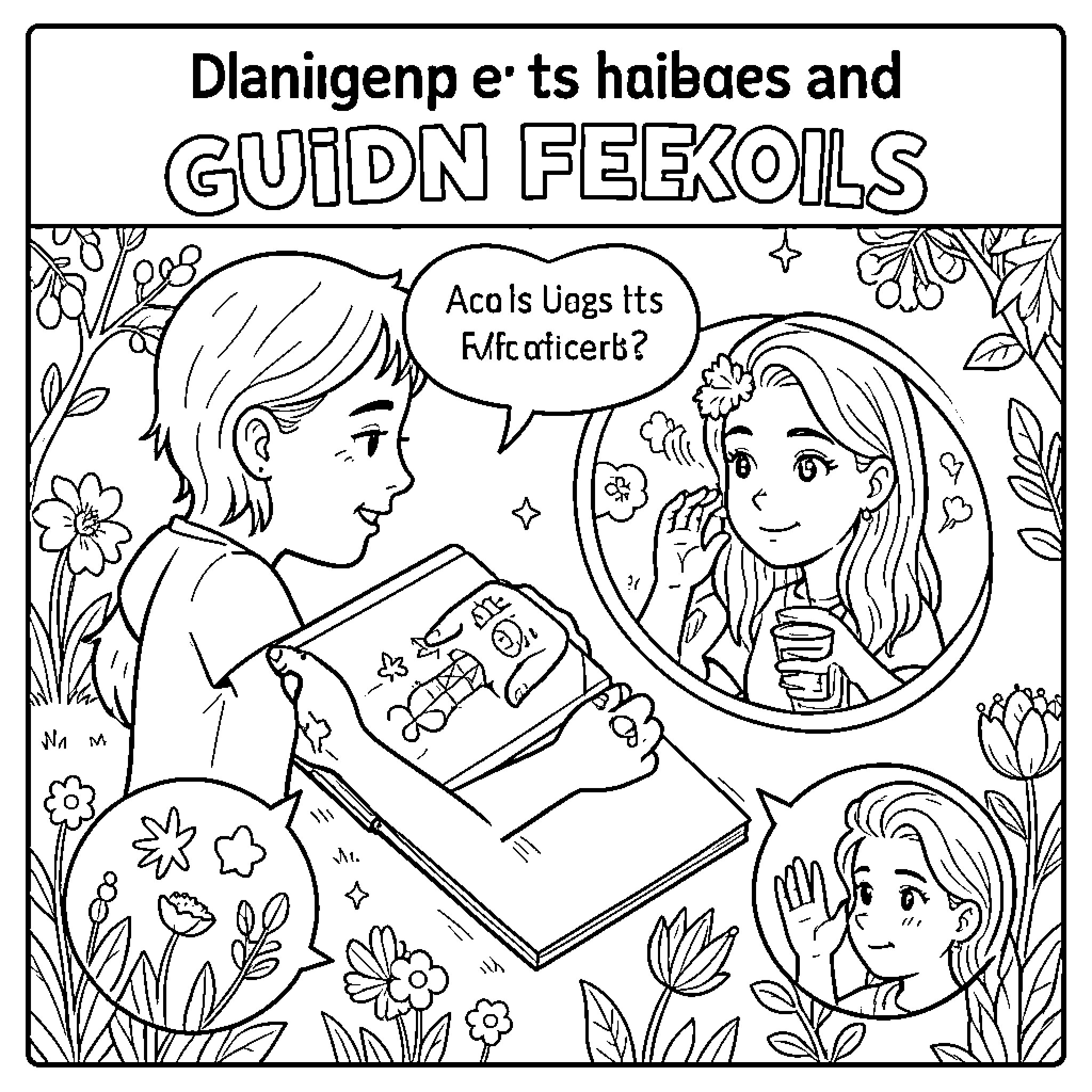 Emotion of joy while reading a book together Coloring Page (free black-and-white line drawing printable PDF for all, from beginners to advanced learners, including children, teens, adults, and seniors)