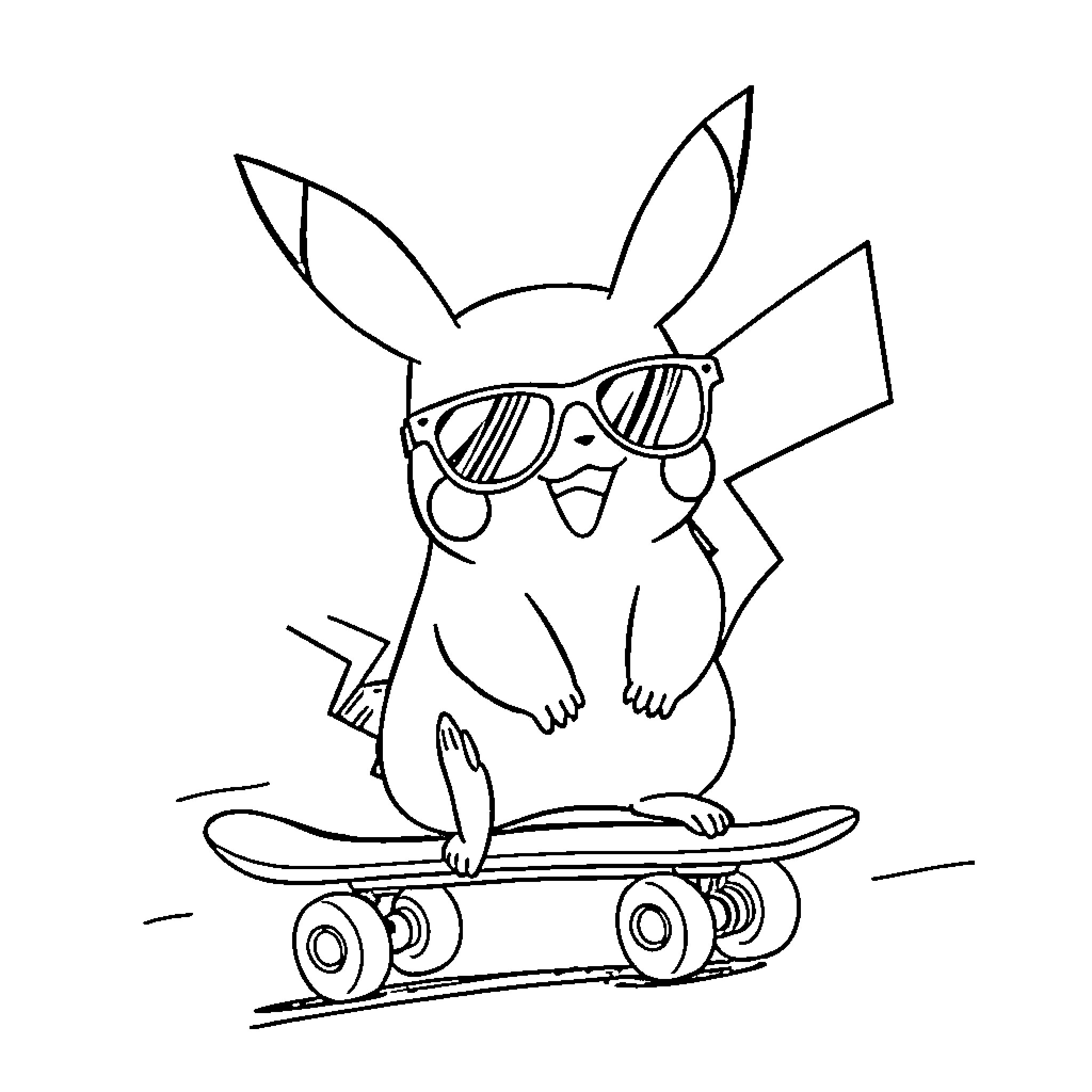 Pikachu skateboarding with sunglasses Coloring Page (free black-and-white line drawing printable PDF for all, from beginners to advanced learners, including children, teens, adults, and seniors)