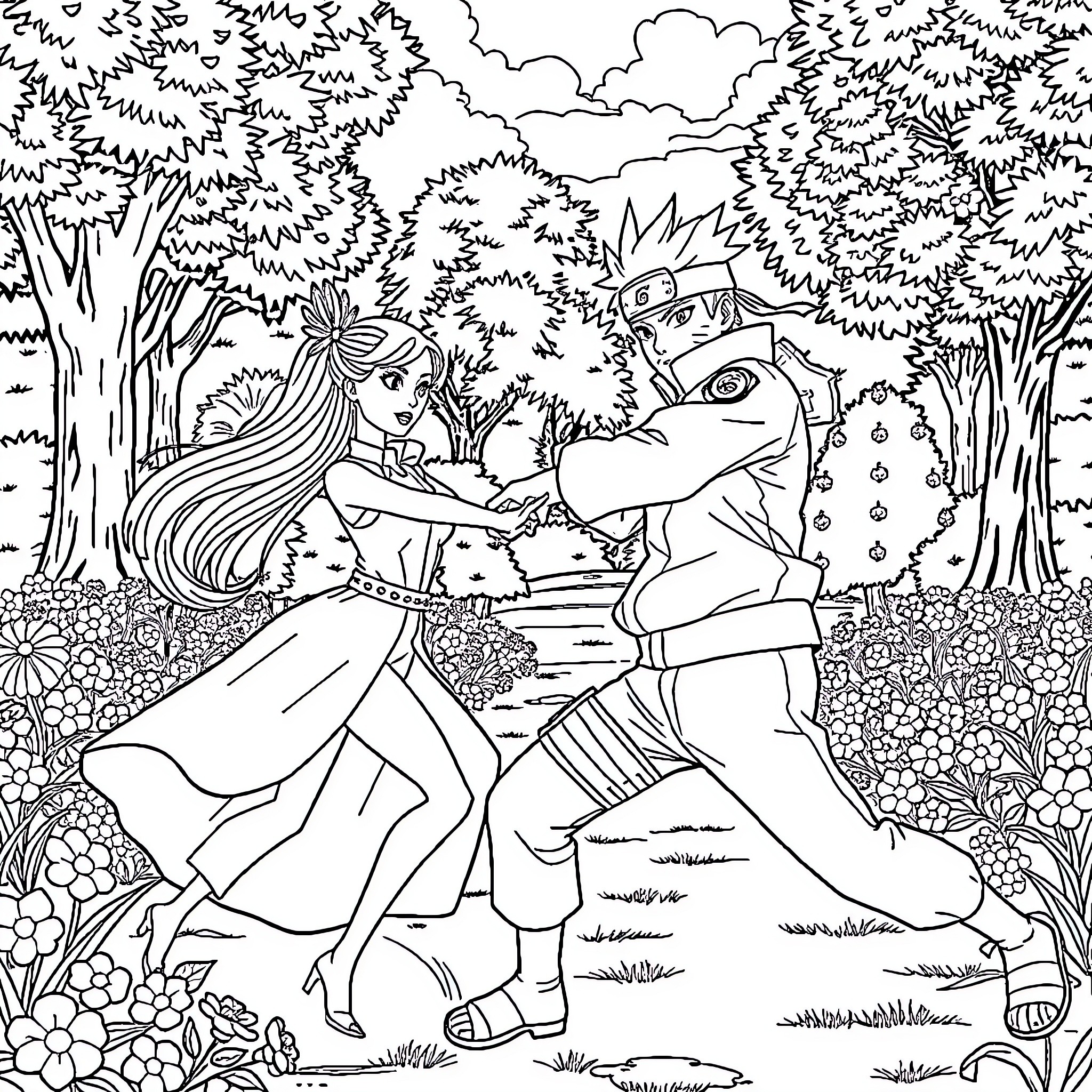 Naruto and Sakura's Adventure in the Forest Coloring Page (free black-and-white line drawing printable PDF for all, from beginners to advanced learners, including children, teens, adults, and seniors)