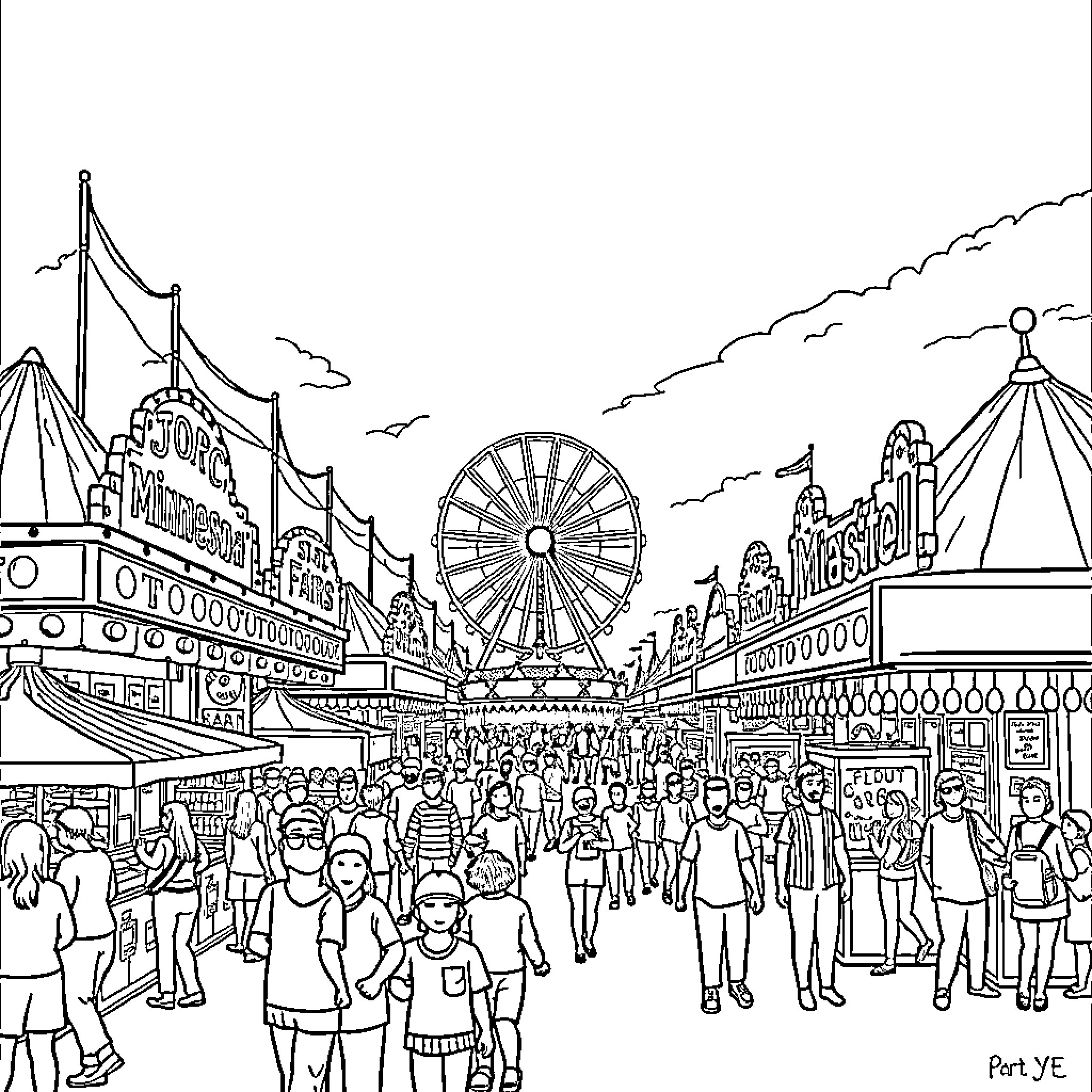 Minnesota State Fair with bustling crowds, rides, and attractions Coloring Page (free black-and-white line drawing printable PDF for all, from beginners to advanced learners, including children, teens, adults, and seniors)
