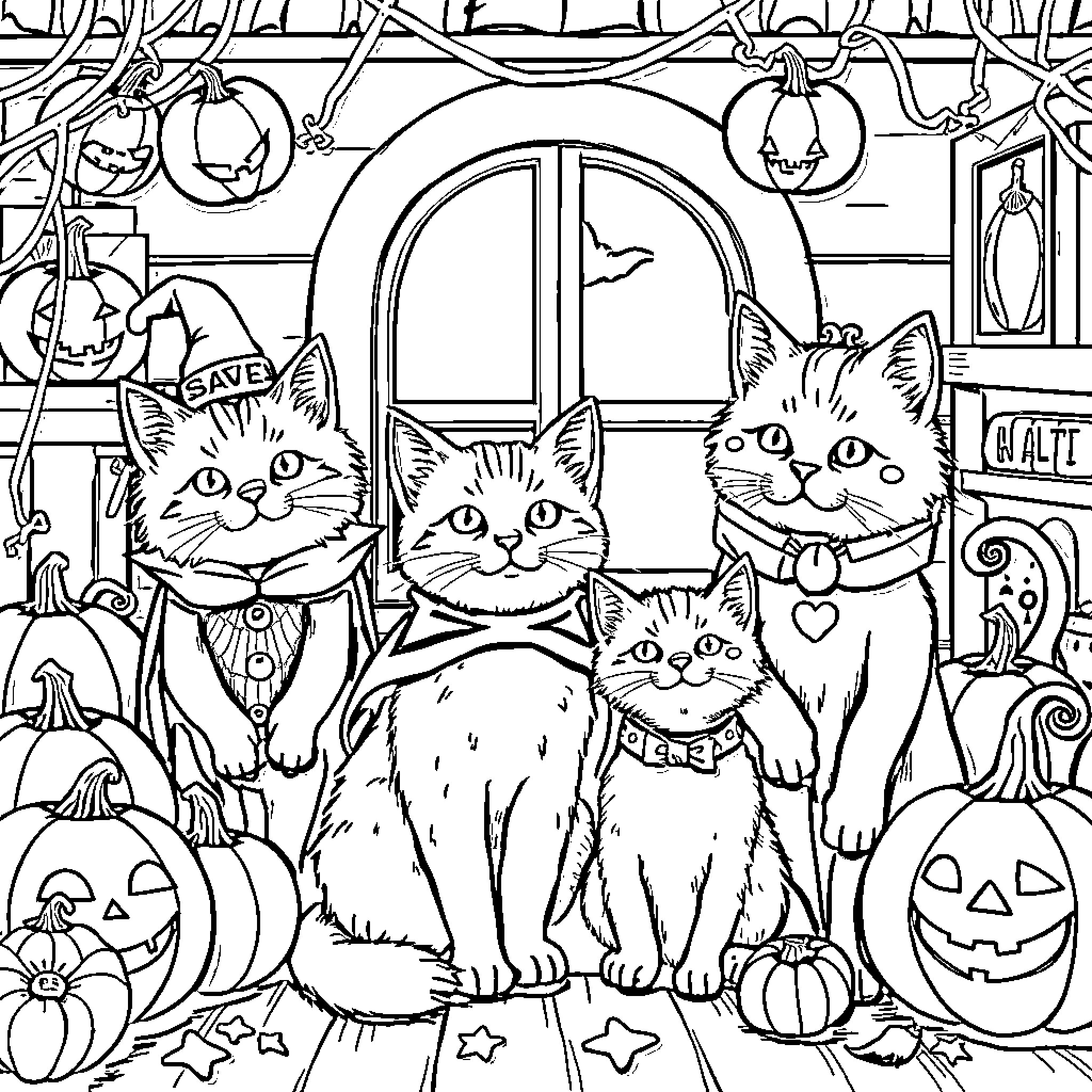 Cat family celebrating Halloween Coloring Page (free black-and-white line drawing printable PDF for all, from beginners to advanced learners, including children, teens, adults, and seniors)