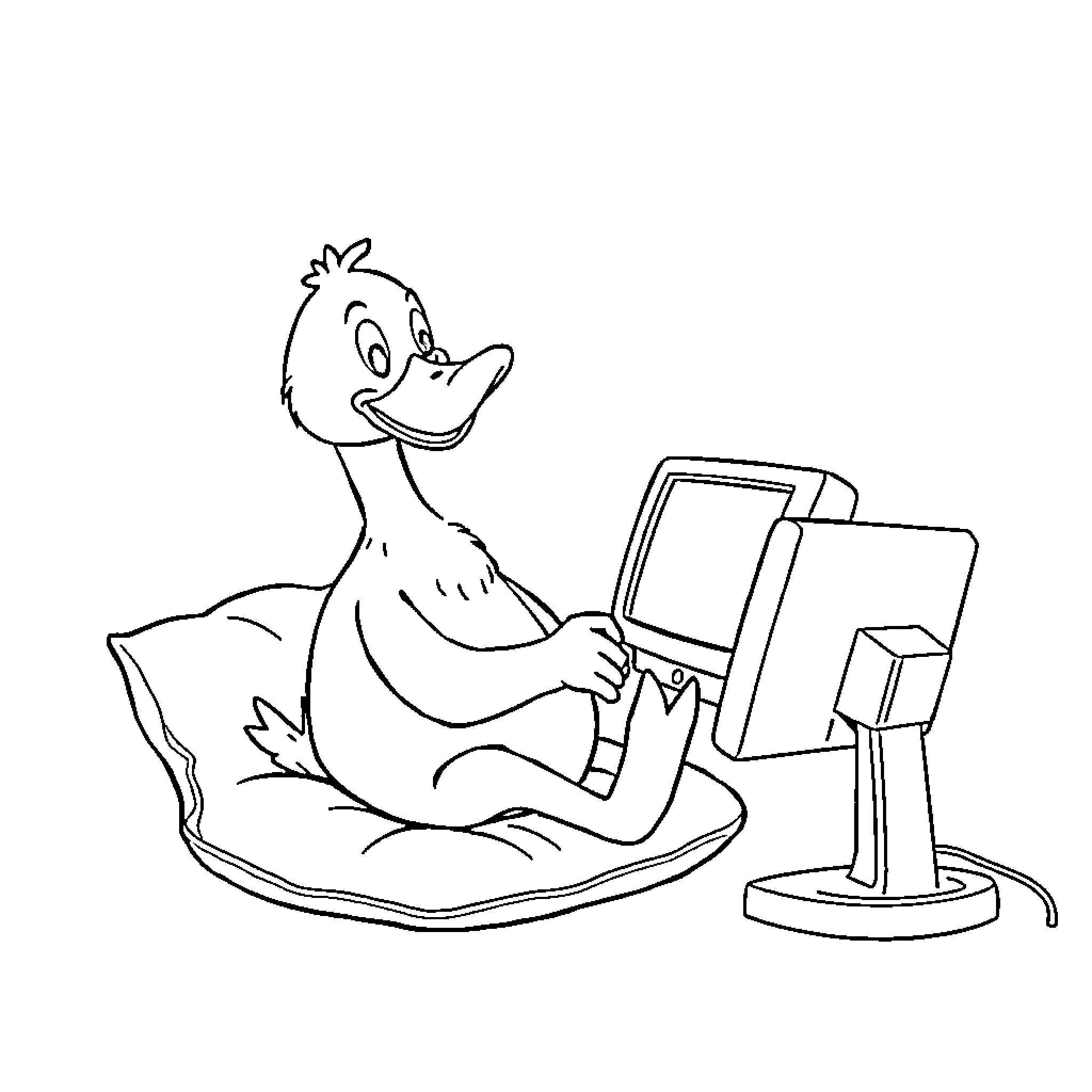 Duck using computer in cozy chair Coloring Page (free black-and-white line drawing printable PDF for all, from beginners to advanced learners, including children, teens, adults, and seniors)