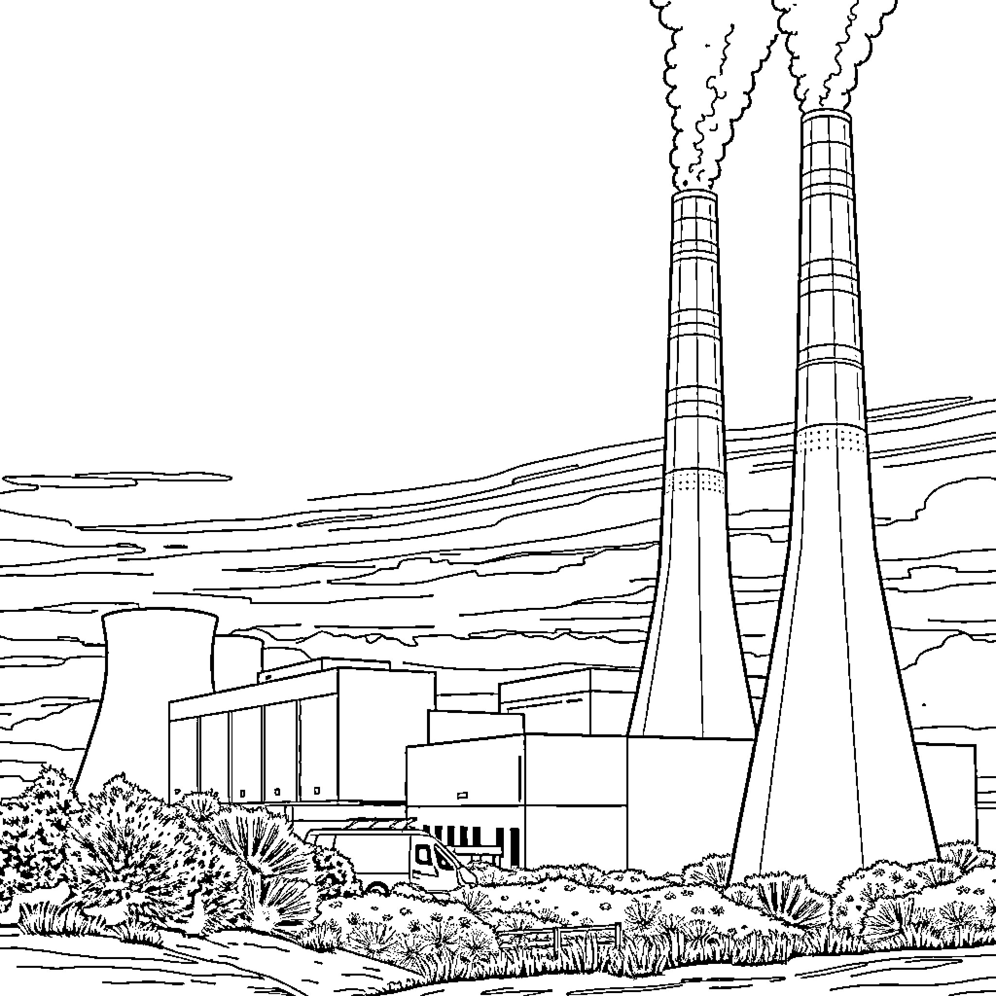 Power Station with Towering Smokestacks and Industrial Landscape Coloring Page (free black-and-white line drawing printable PDF for all, from beginners to advanced learners, including children, teens, adults, and seniors)
