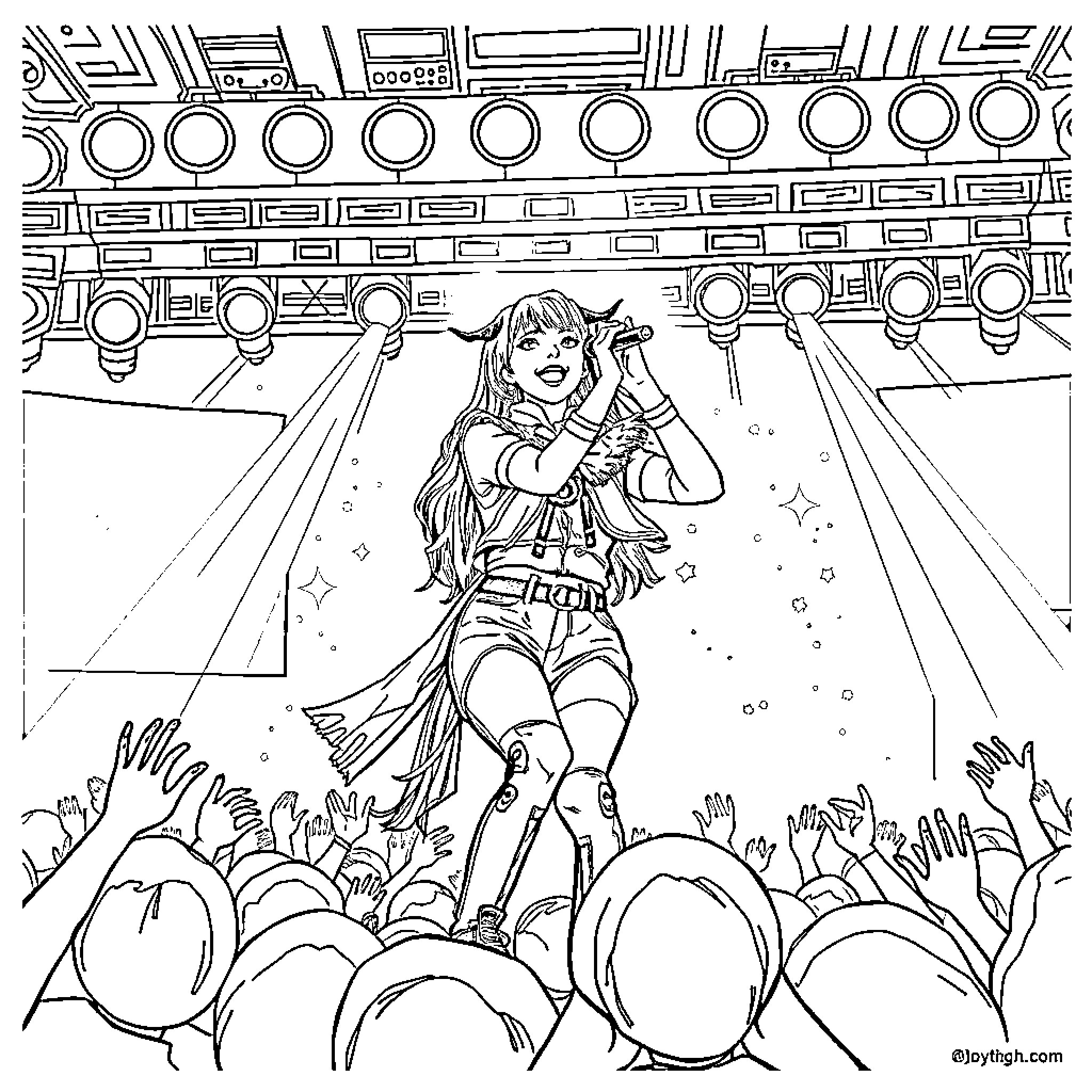 Rumi's Lively Performance on Stage Coloring Page (free black-and-white line drawing printable PDF for all, from beginners to advanced learners, including children, teens, adults, and seniors)