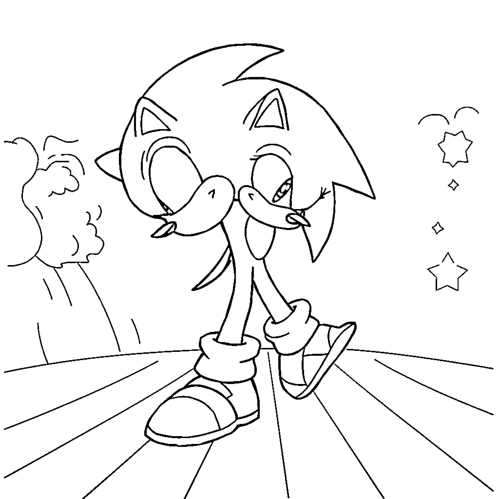 Sonic running dynamically with excitement Coloring Page (free black-and-white line drawing printable PDF for all, from beginners to advanced learners, including children, teens, adults, and seniors)