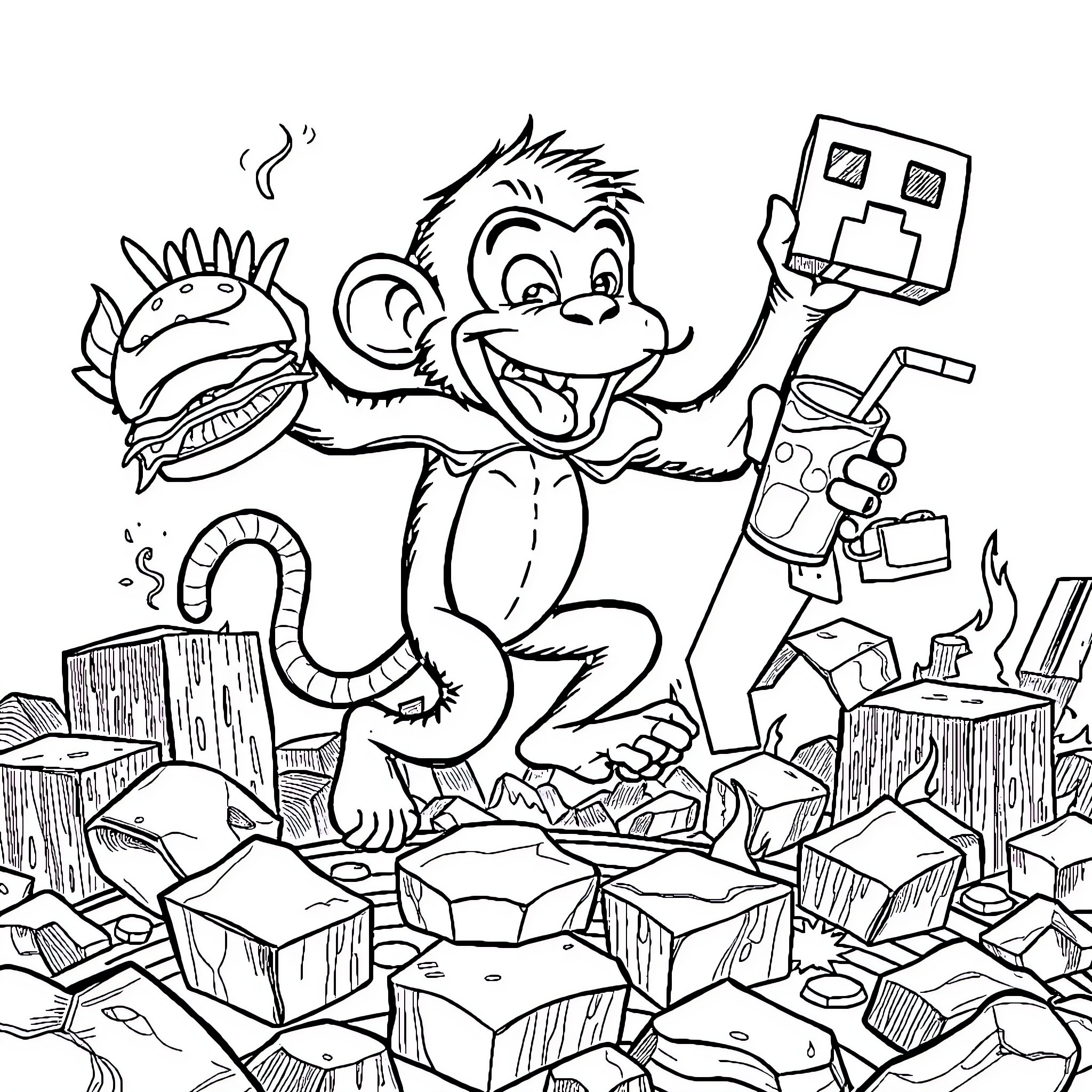Monkey playing with gadgets in a cluttered environment Coloring Page (free black-and-white line drawing printable PDF for all, from beginners to advanced learners, including children, teens, adults, and seniors)
