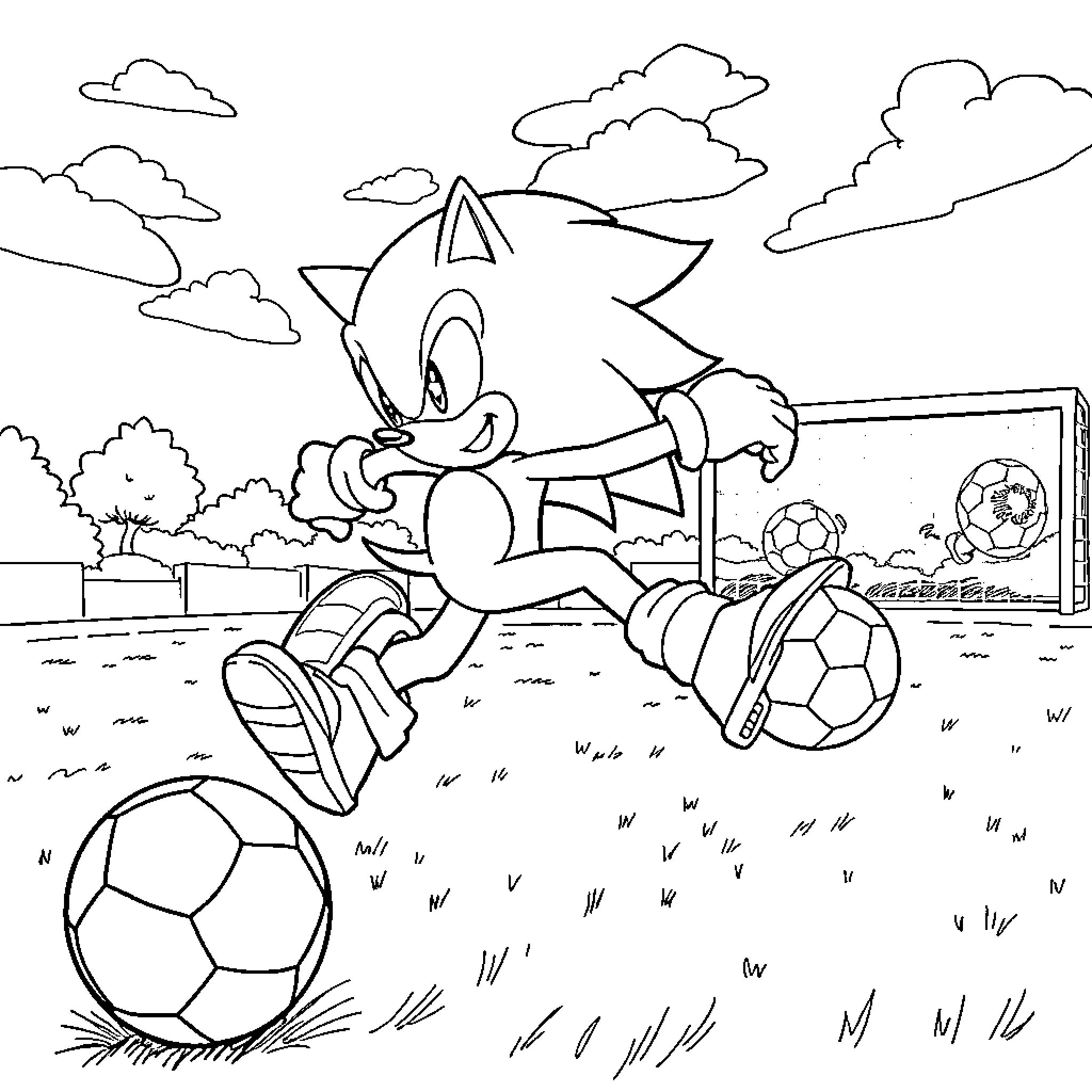 Sonic playing with soccer balls on a field Coloring Page (free black-and-white line drawing printable PDF for all, from beginners to advanced learners, including children, teens, adults, and seniors)