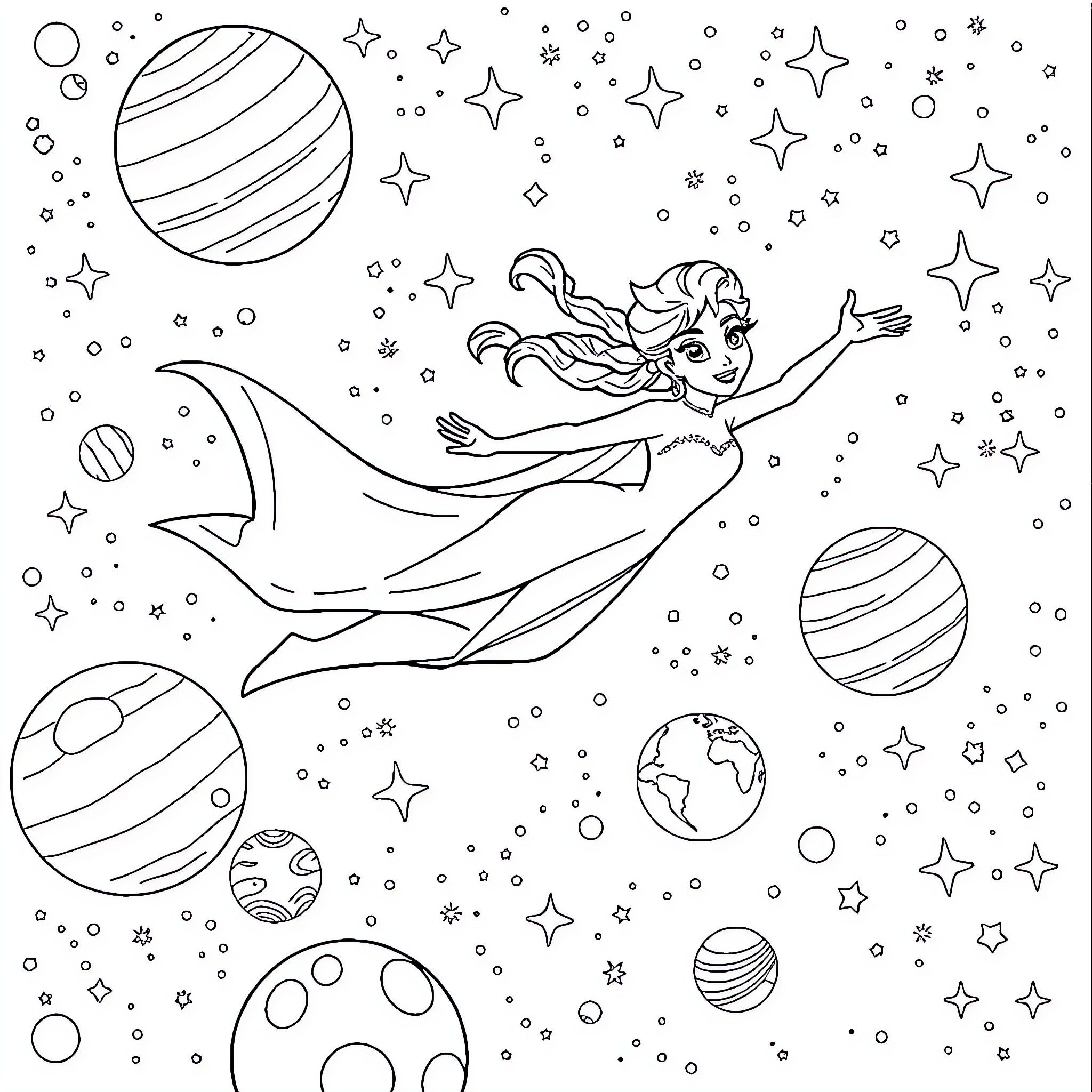 Elsa soaring through the cosmic starry sky Coloring Page (free black-and-white line drawing printable PDF for all, from beginners to advanced learners, including children, teens, adults, and seniors)