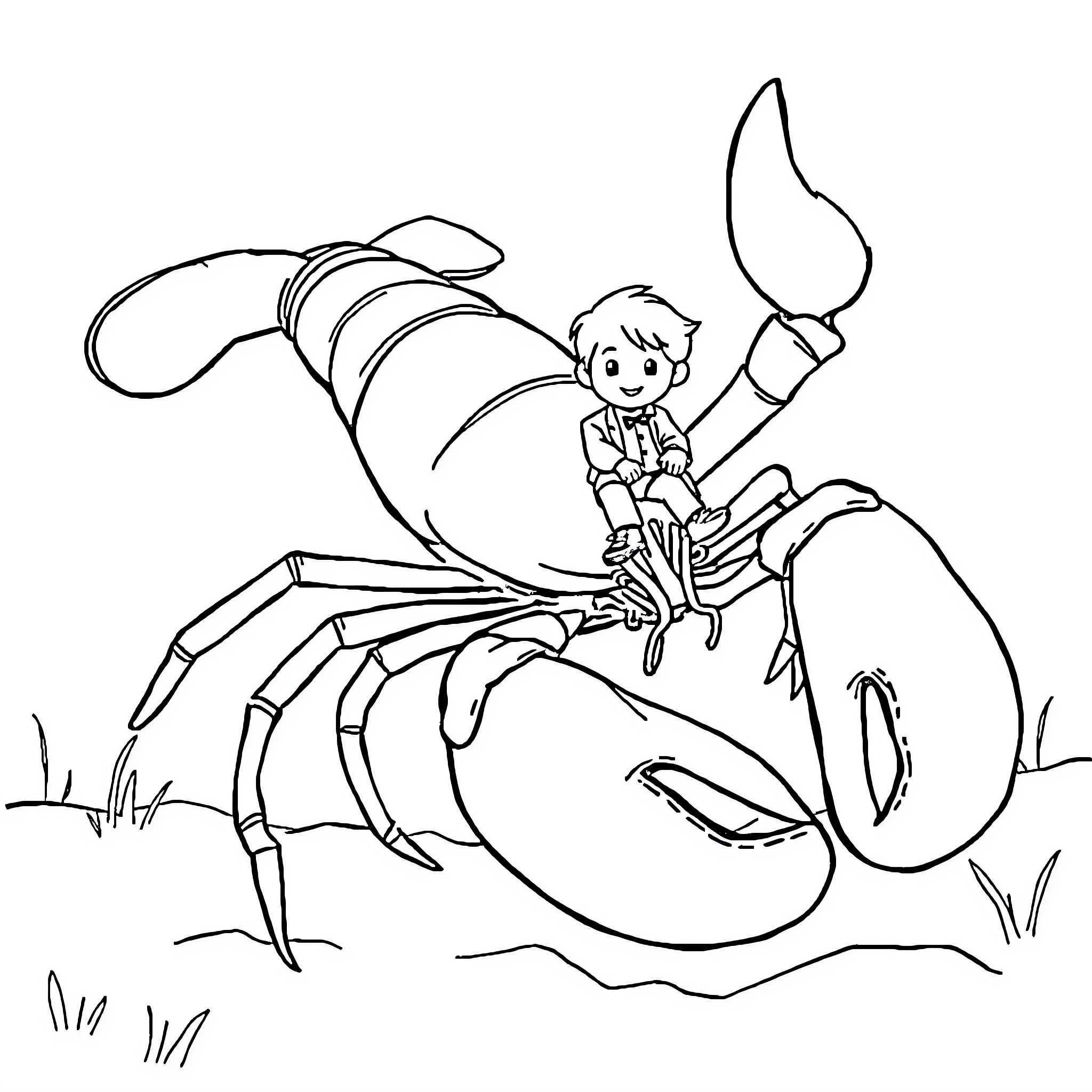 Lobster adventure with a curious child Coloring Page (free black-and-white line drawing printable PDF for all, from beginners to advanced learners, including children, teens, adults, and seniors)