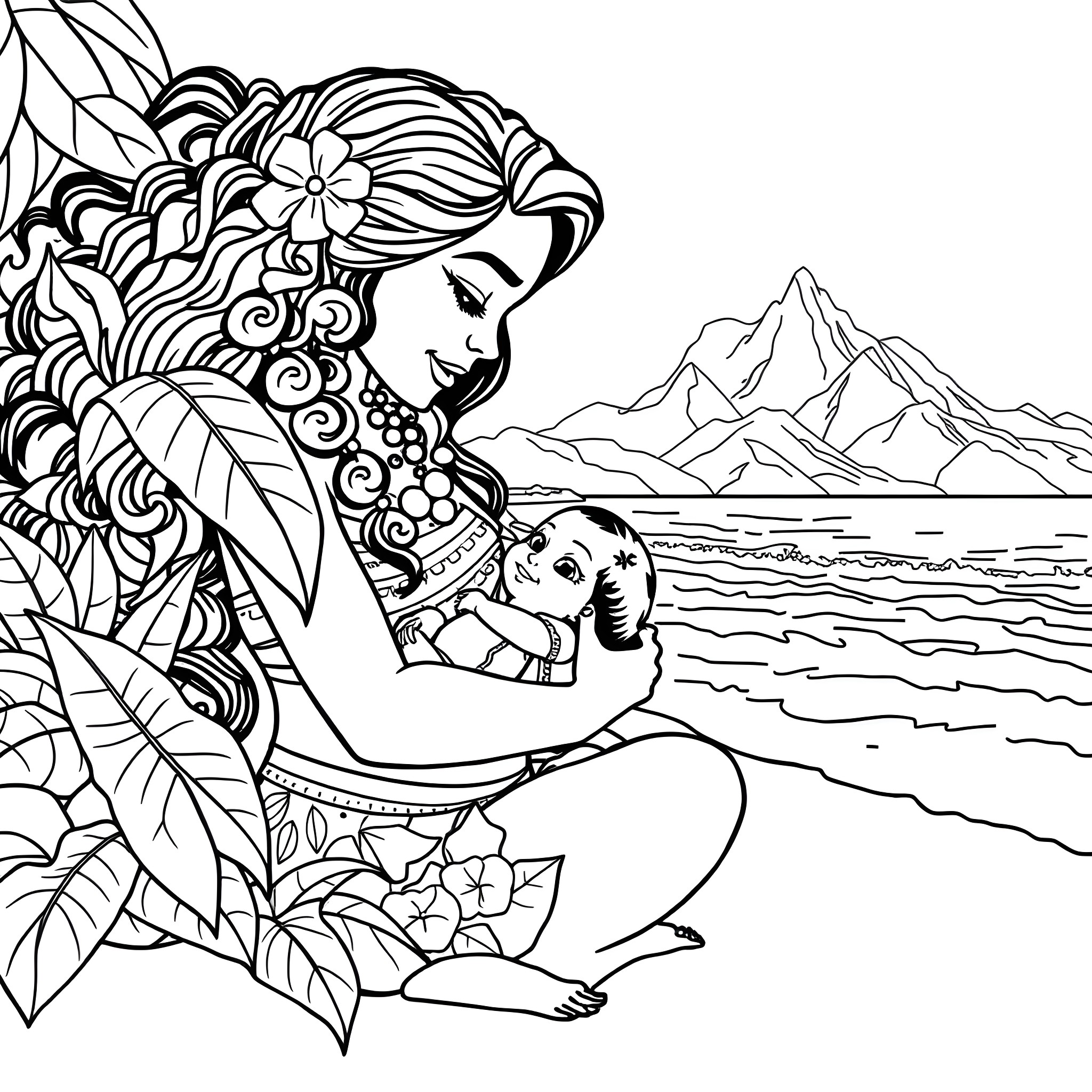 Moana sitting peacefully on the beach with her companion Coloring Page (free black-and-white line drawing printable PDF for all, from beginners to advanced learners, including children, teens, adults, and seniors)