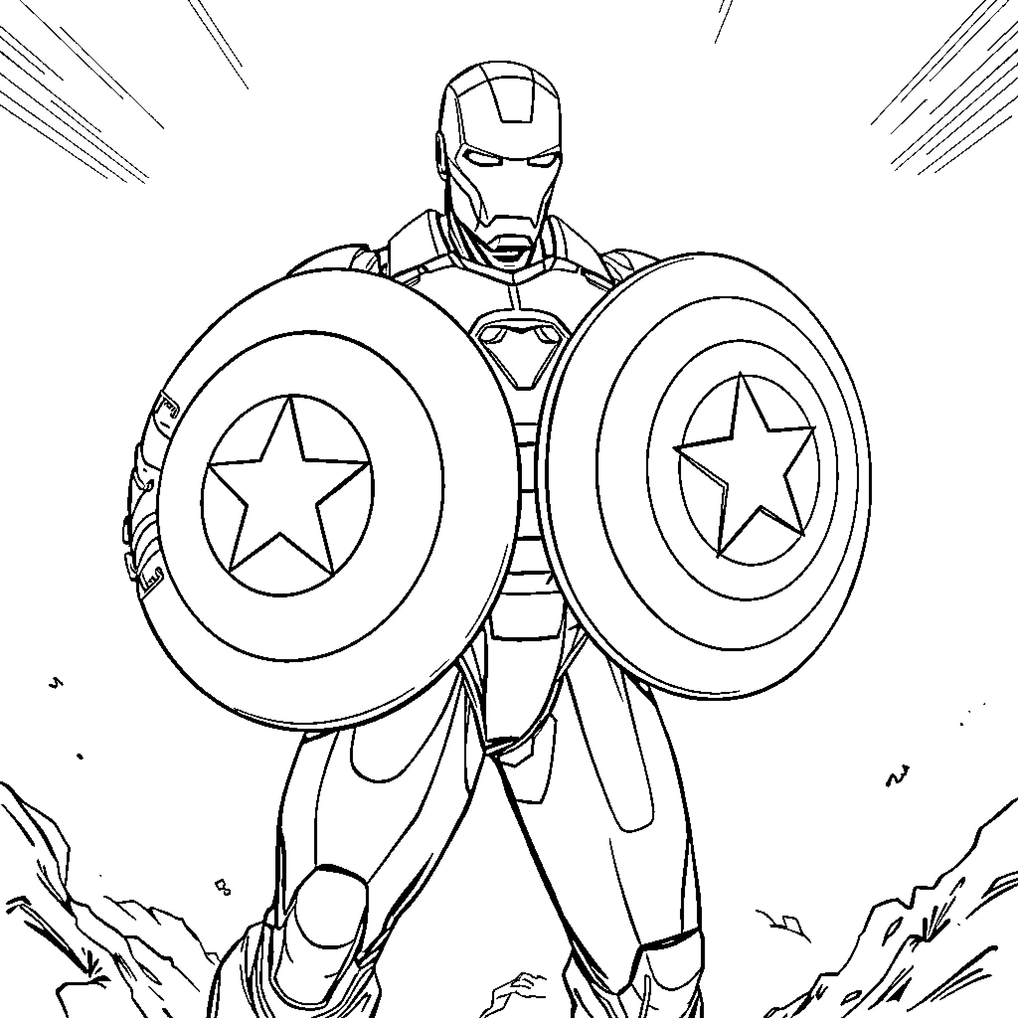 Iron Man wielding two shields in a powerful stance Coloring Page (free black-and-white line drawing printable PDF for all, from beginners to advanced learners, including children, teens, adults, and seniors)