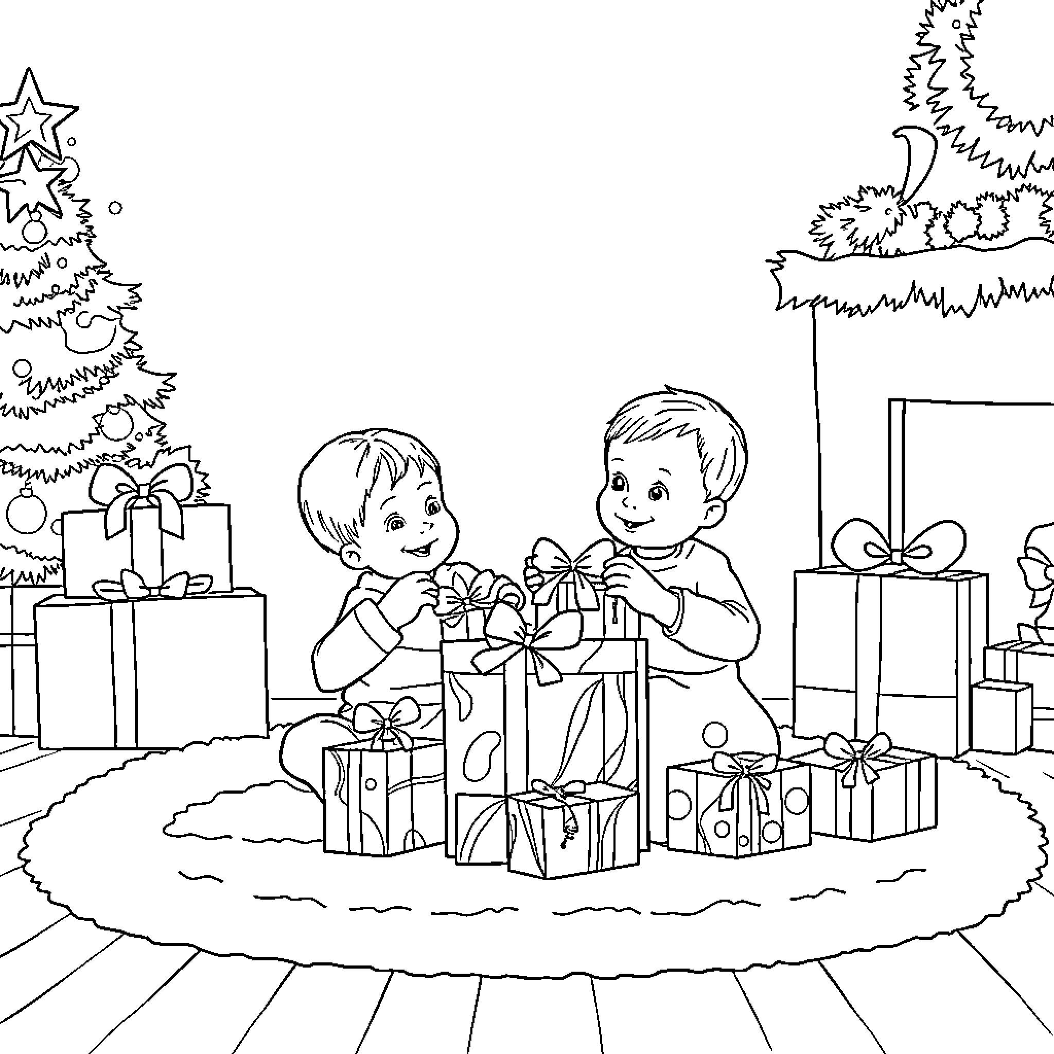 Mum's Children Unwrapping Christmas Presents Coloring Page (free black-and-white line drawing printable PDF for all, from beginners to advanced learners, including children, teens, adults, and seniors)