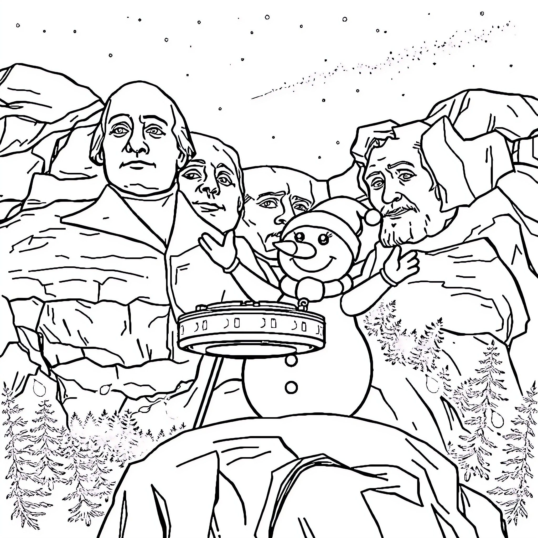 Snowman on Mount Rushmore with Presidents Coloring Page (free black-and-white line drawing printable PDF for all, from beginners to advanced learners, including children, teens, adults, and seniors)