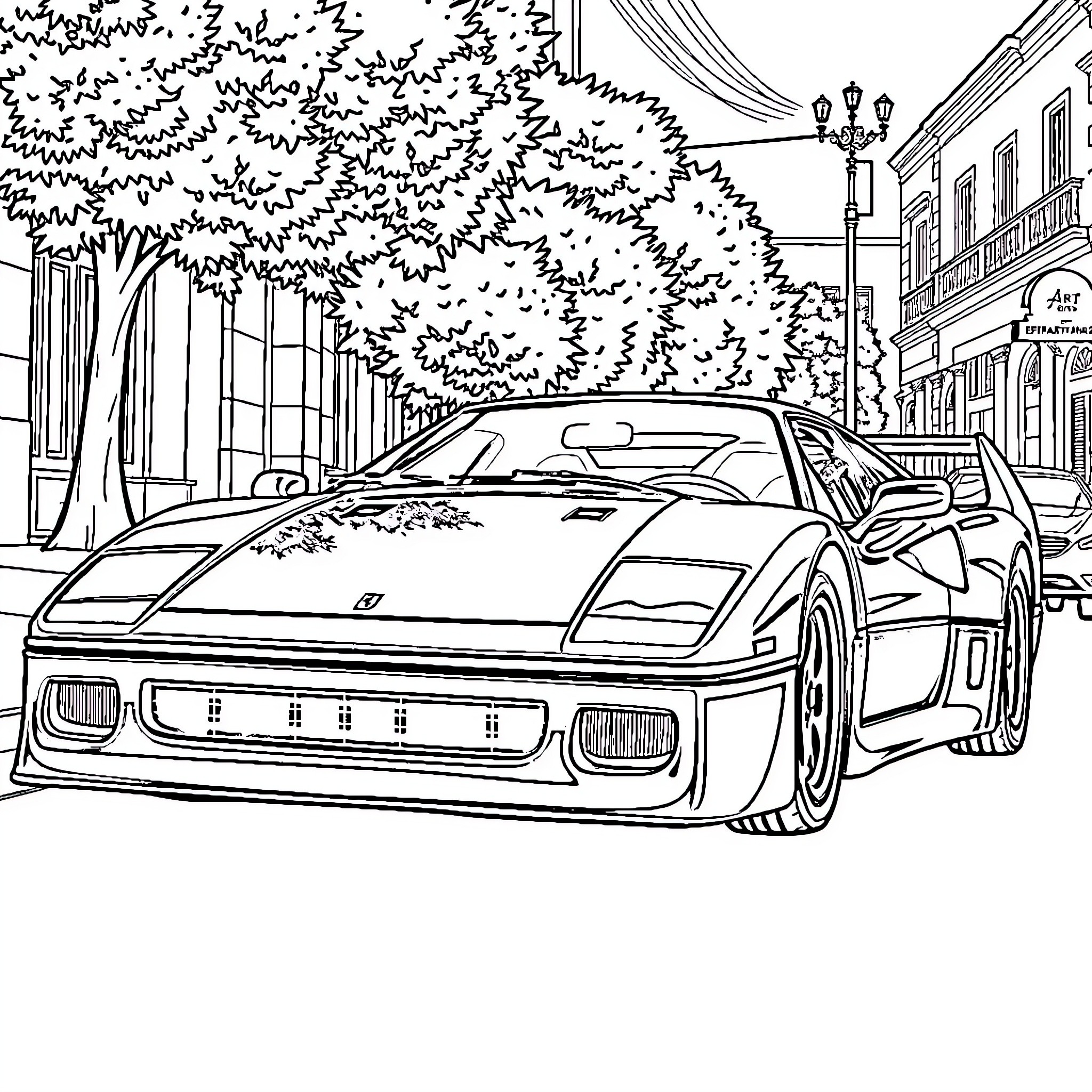 Ferrari sports car on a city street Coloring Page (free black-and-white line drawing printable PDF for all, from beginners to advanced learners, including children, teens, adults, and seniors)