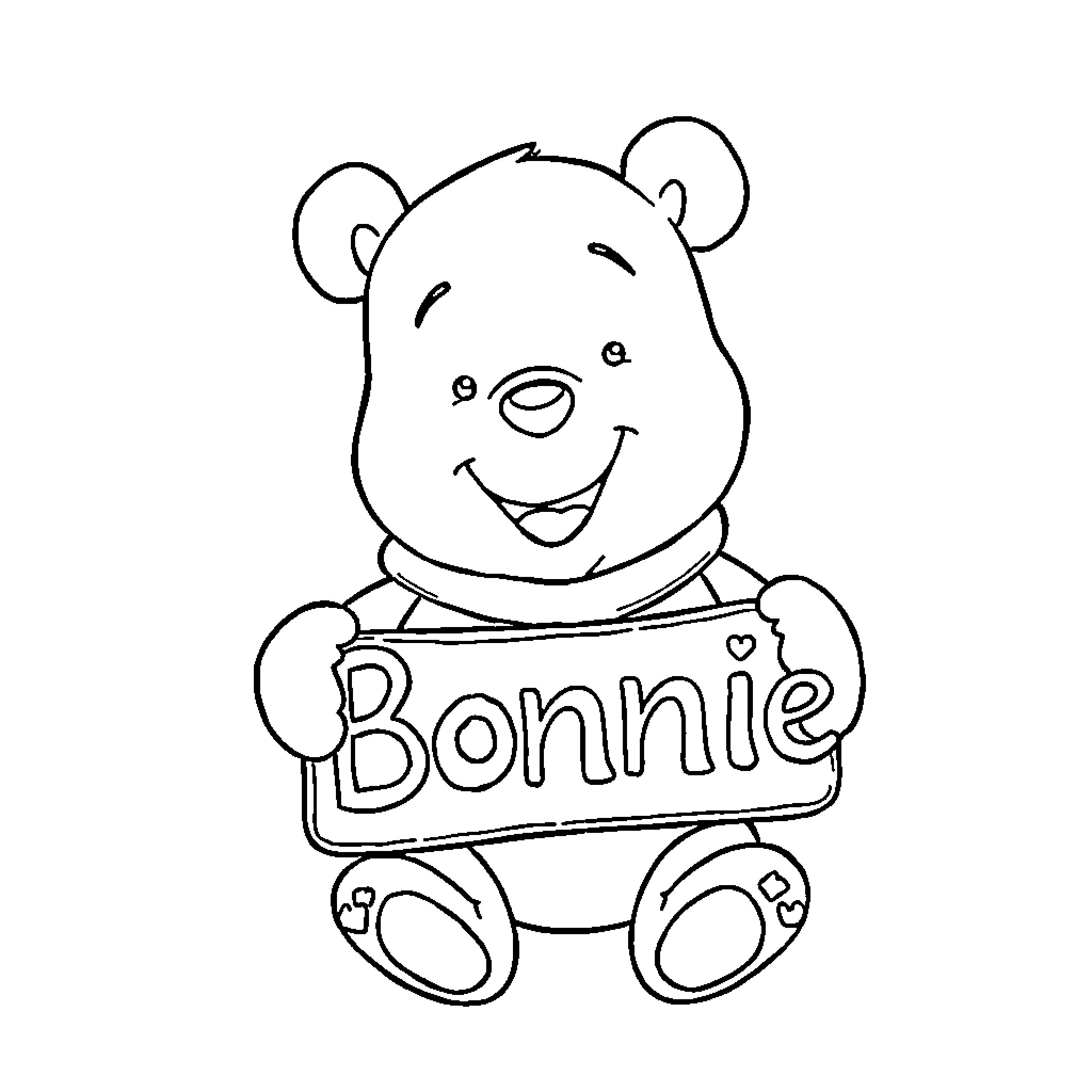 Pooh Bear holding 'Bonnie' sign with a cheerful expression Coloring Page (free black-and-white line drawing printable PDF for all, from beginners to advanced learners, including children, teens, adults, and seniors)