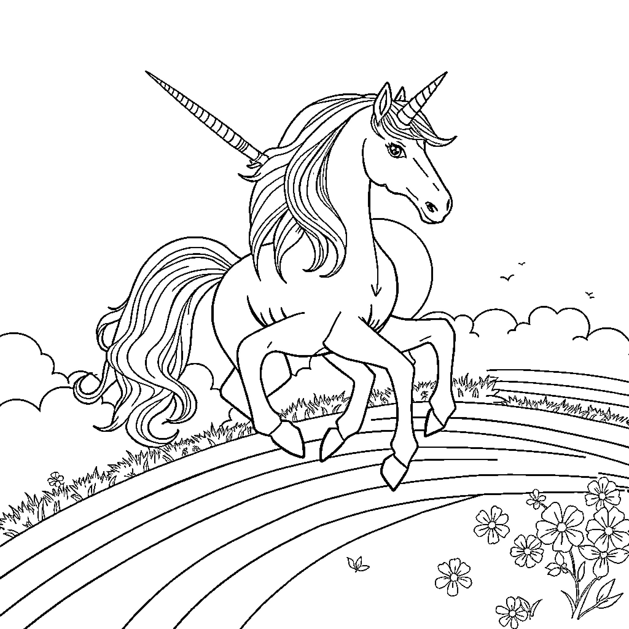Unicorn galloping through a magical meadow Coloring Page (free black-and-white line drawing printable PDF for all, from beginners to advanced learners, including children, teens, adults, and seniors)